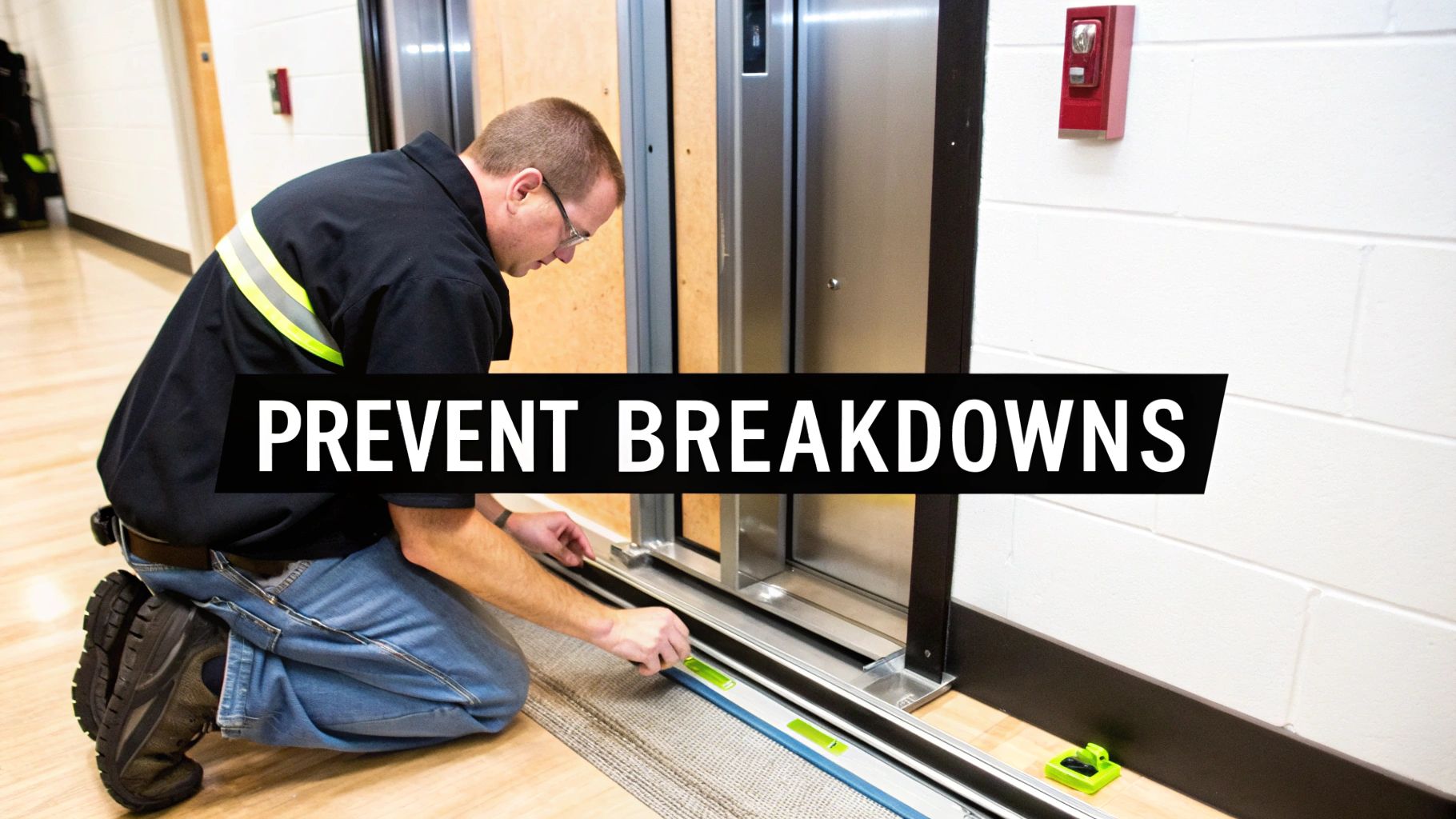 A technician kneels to service the bottom of an elevator door, with text 'PREVENT BREAKDOWNS'.