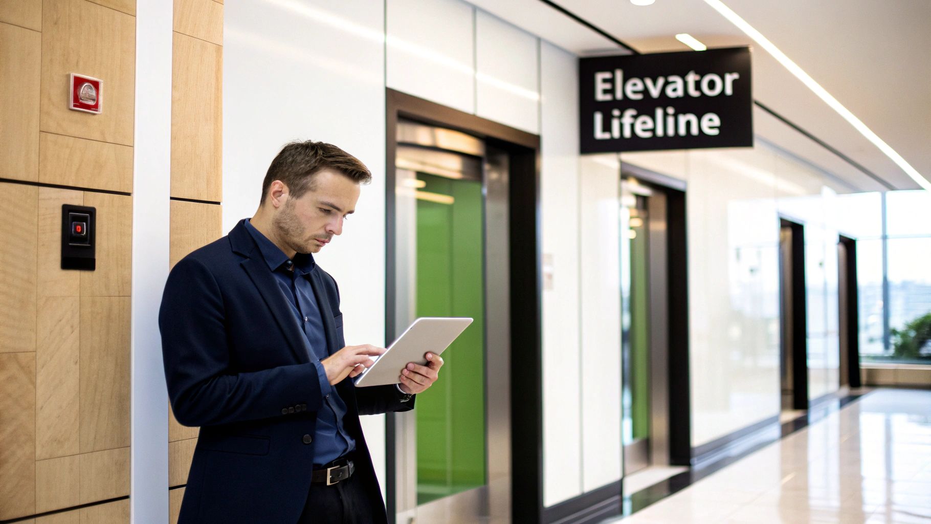 A man in business attire looking at a tablet by elevator doors and an emergency phone system.