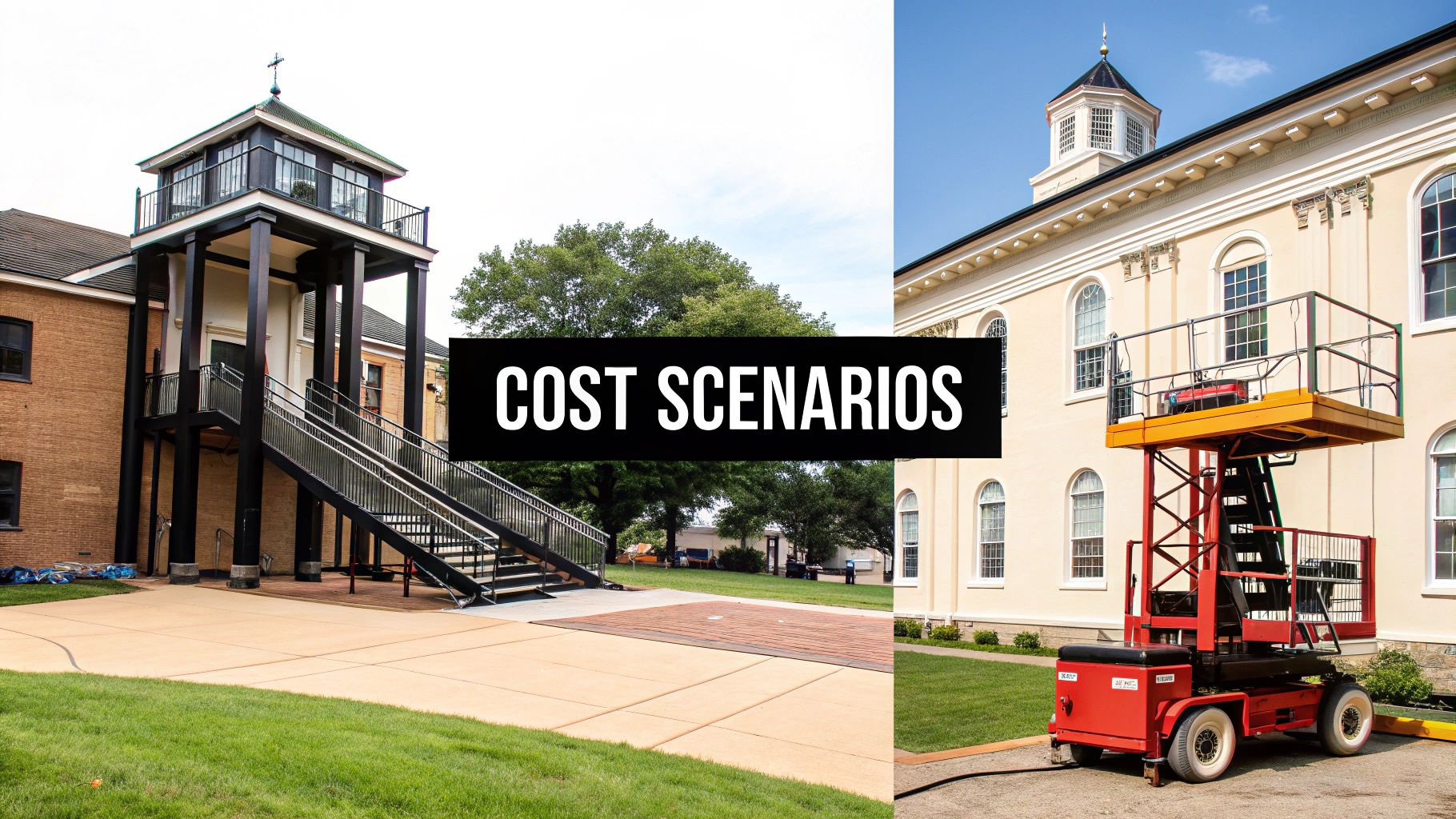 Split image shows two buildings, one with an exterior staircase and another with a mobile lift, featuring 'COST SCENARIOS' text.
