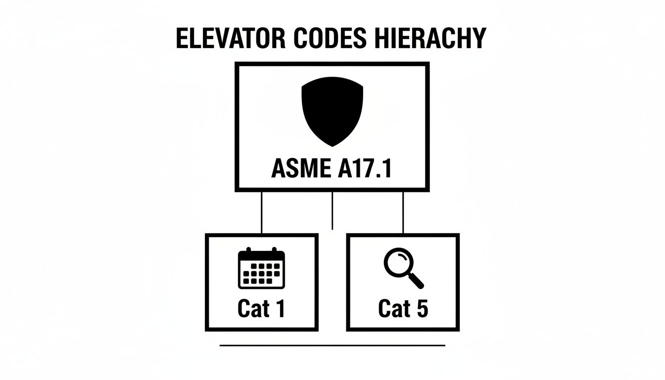 A hierarchy diagram showing elevator codes, with ASME A17.1 at the top, branching into Cat 1 and Cat 5.