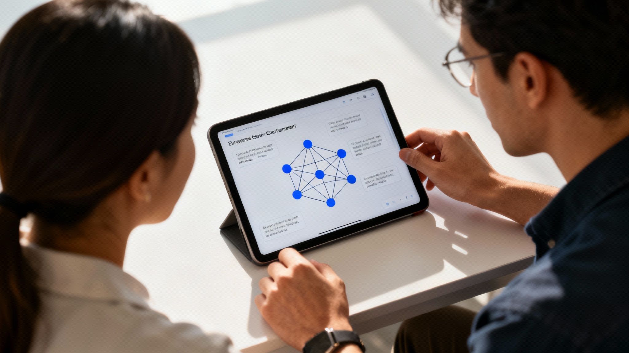 Two professionals reviewing deep learning network diagram with blue nodes on tablet device
