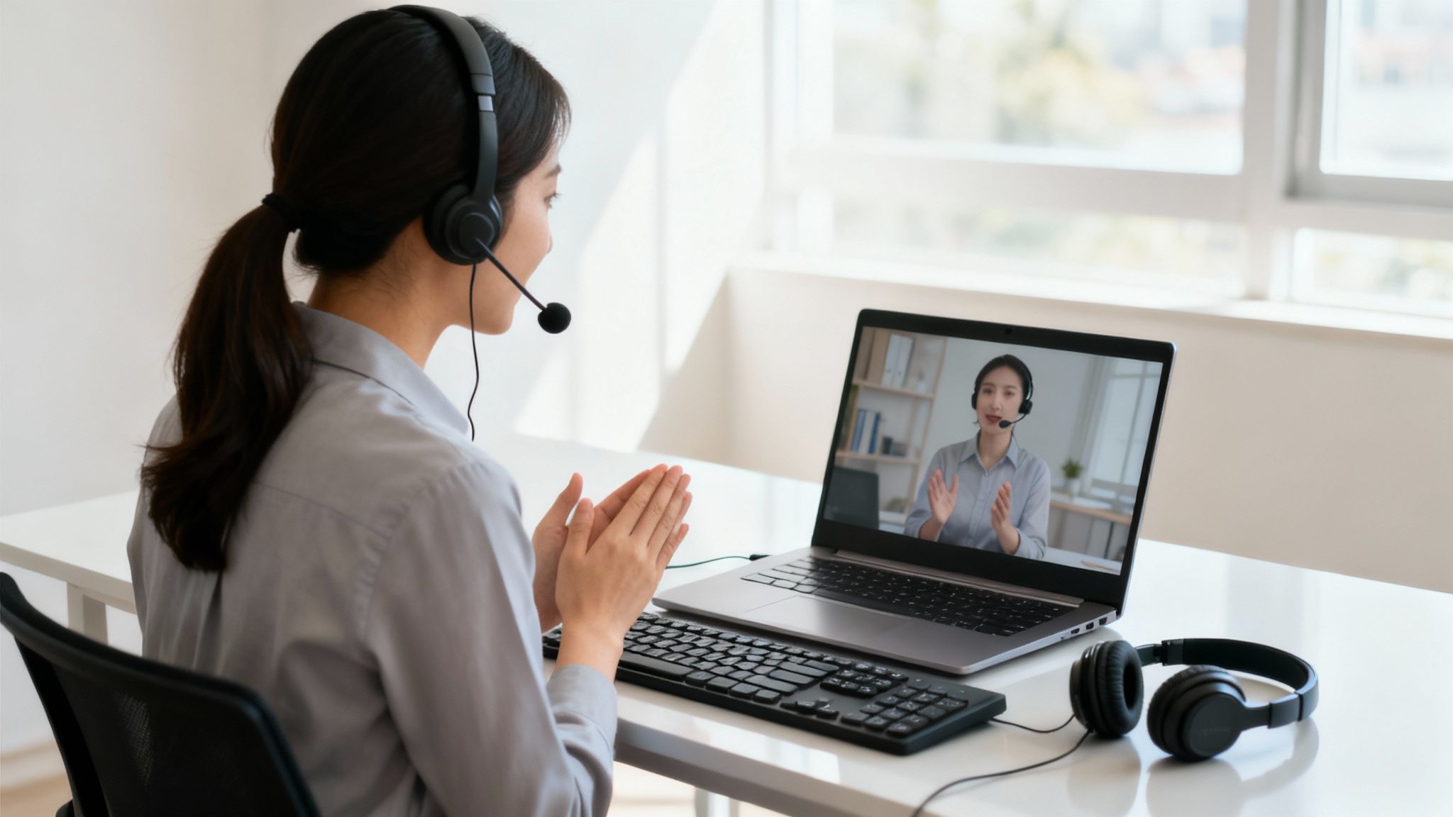 A customer service agent wearing a headset and smiling while looking at her computer screen.