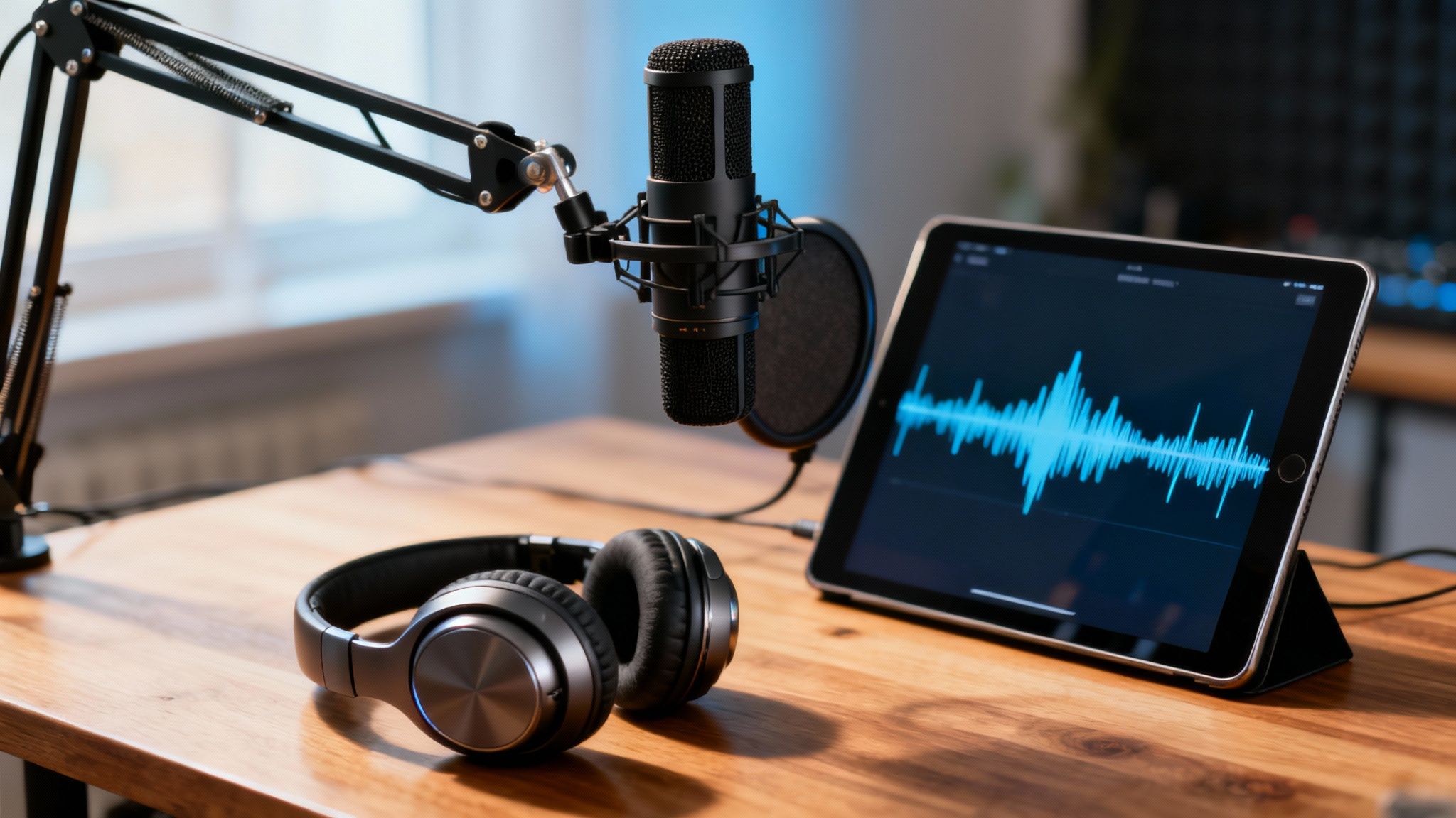 A person wearing headphones and speaking into a microphone, recording a voice-over for an animated video.