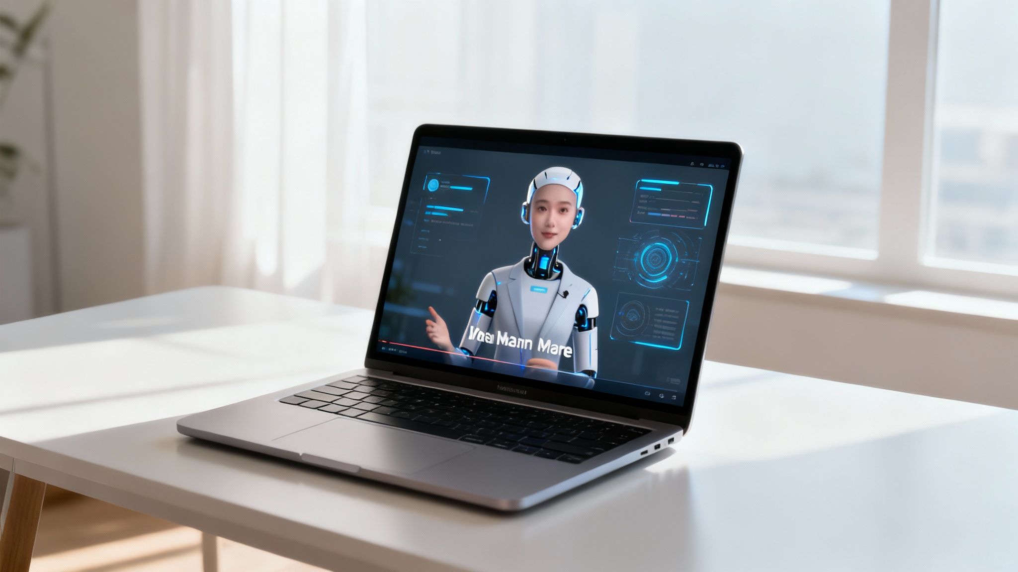 Laptop displaying futuristic AI humanoid robot with digital interface and holographic elements on screen