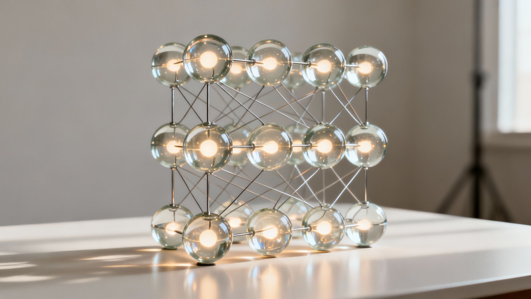 A 3D model representing an artificial neural network with glowing glass spheres connected by metal rods.