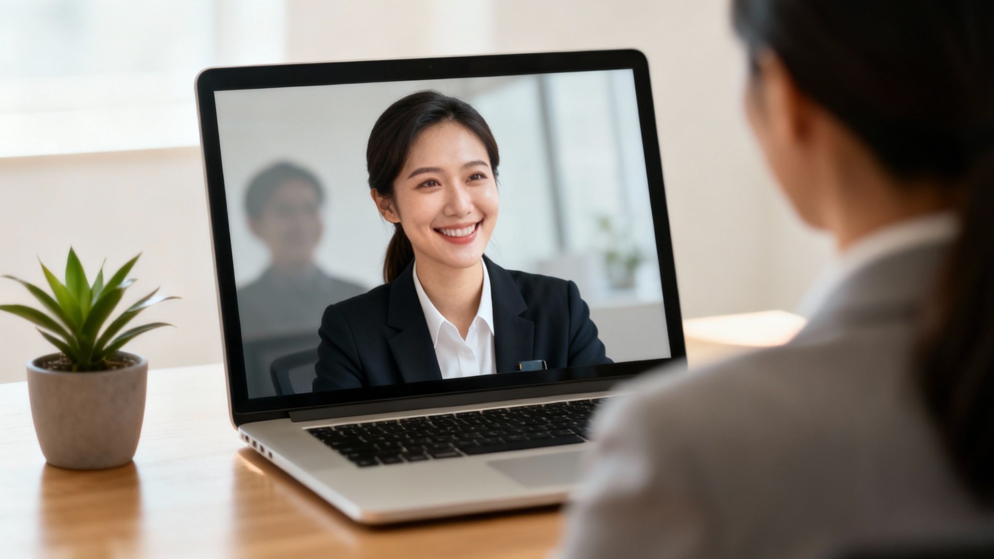 A woman views a smiling person on a laptop screen during a professional video call.