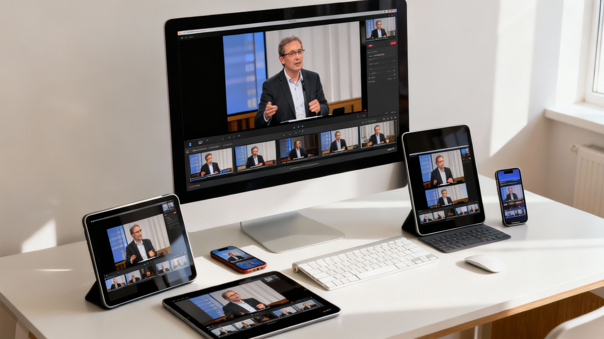 A modern white desk features a desktop monitor, tablets, and smartphones, all showing a man speaking on screen.