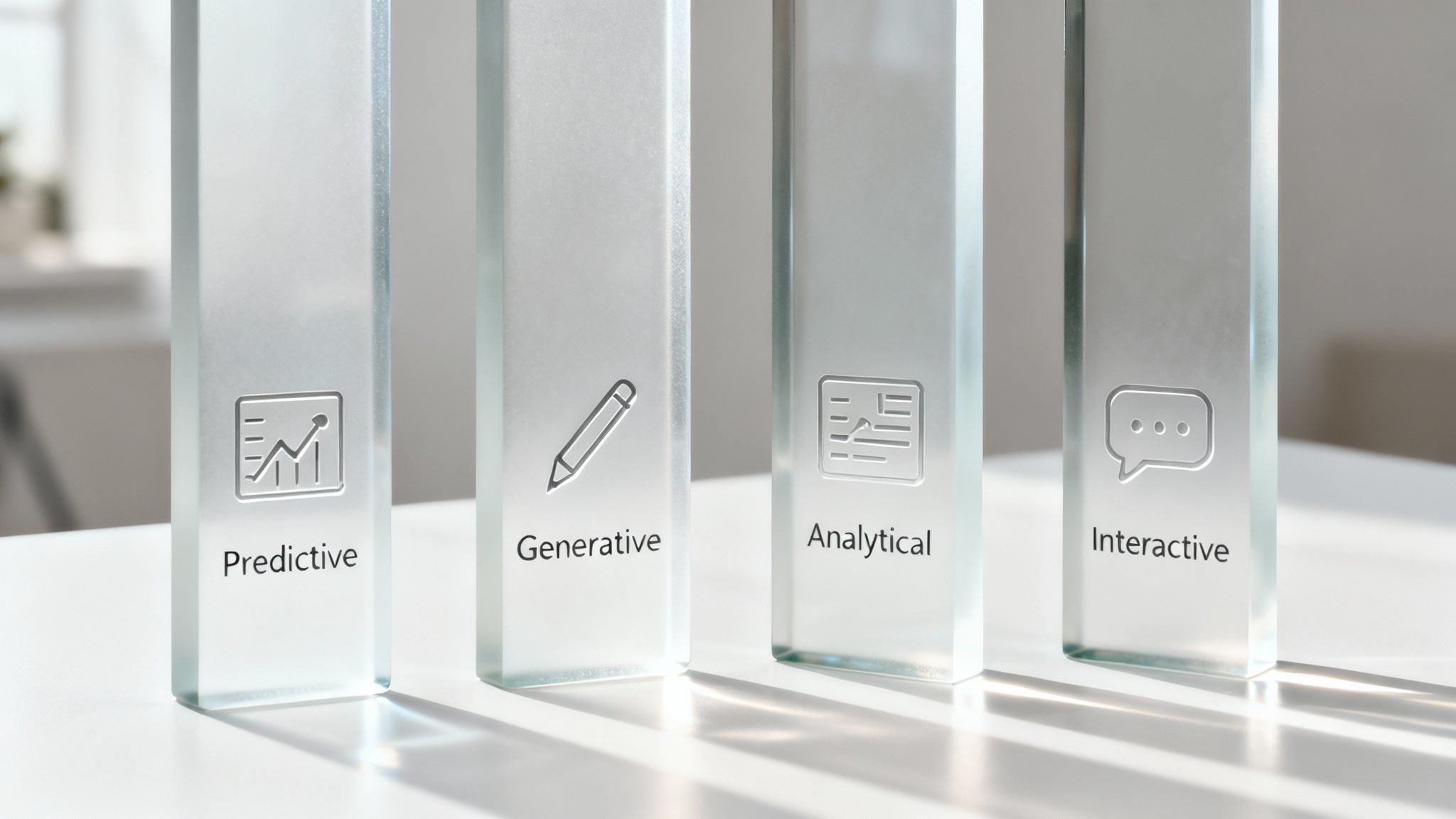 Four translucent blocks displaying AI capabilities: Predictive, Generative, Analytical, and Interactive, with corresponding icons.
