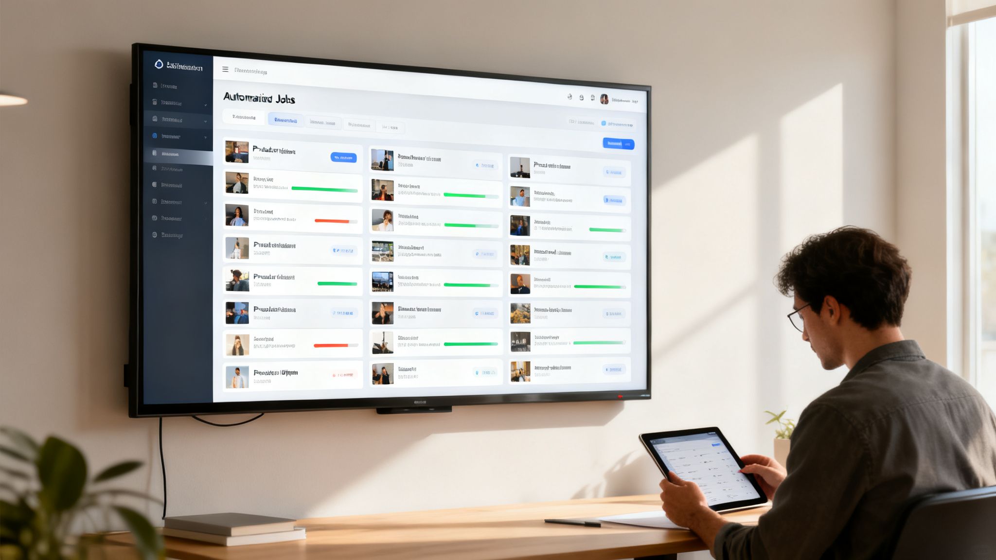 A man uses a tablet while a large screen displays an 'Automated Jobs' dashboard in a modern office.
