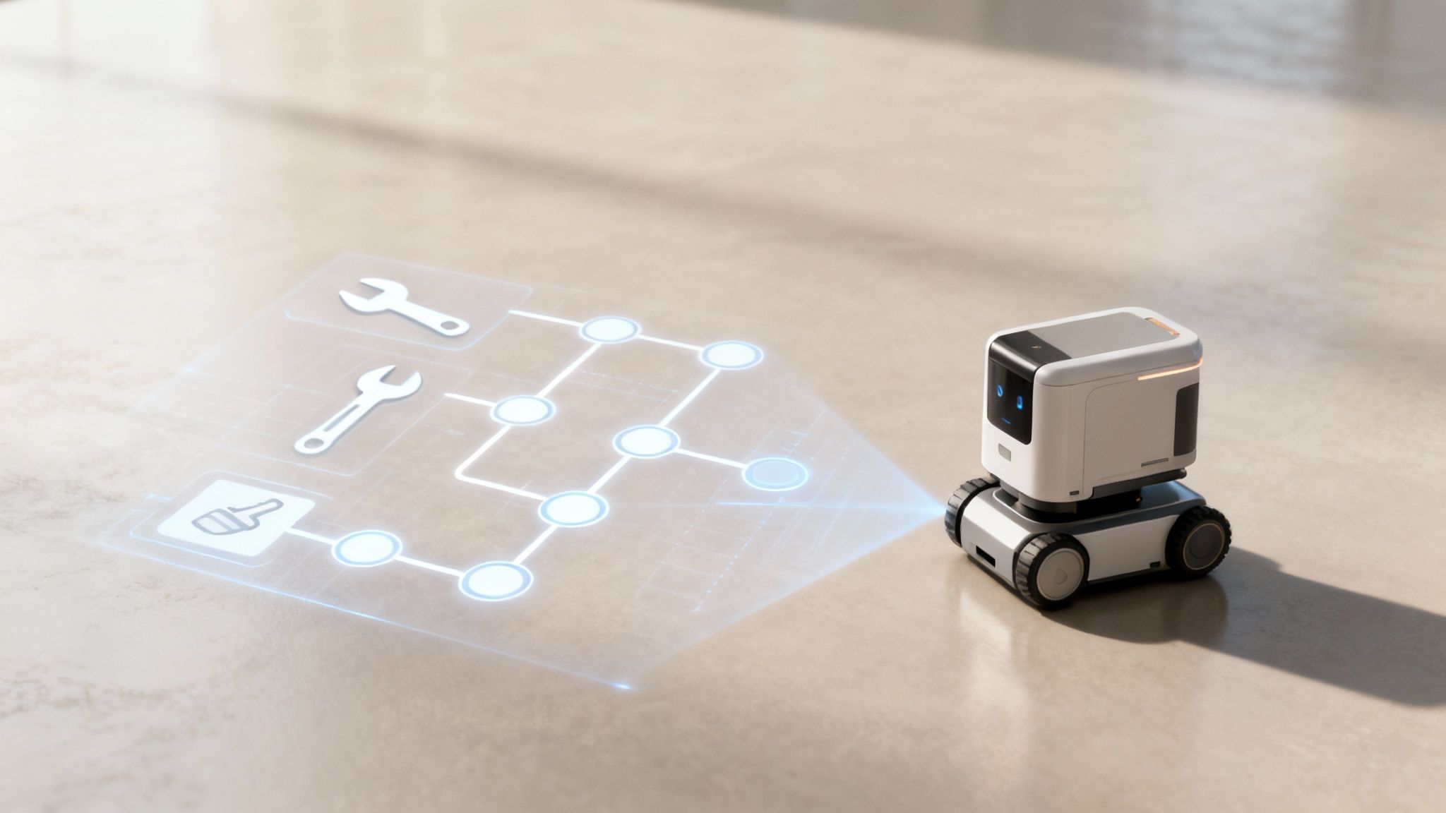 A white AI robot projects a holographic interface with tool icons and a network onto a floor.