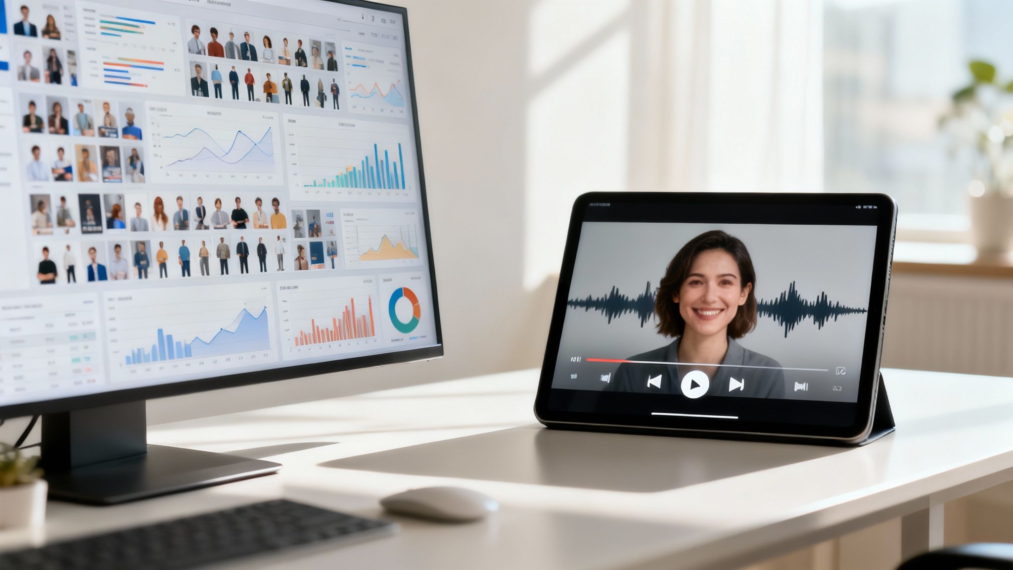 A clean desk with a computer monitor displaying AI data analytics and a tablet showing a video call with a smiling woman.