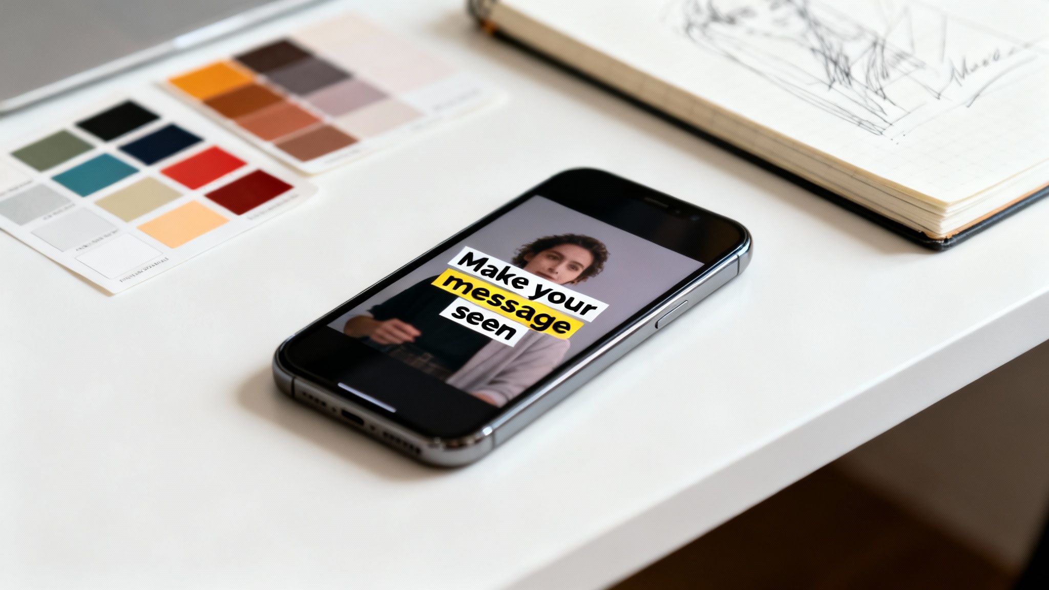Close-up of a smartphone on a white desk displaying 'Make your message seen' with design tools.