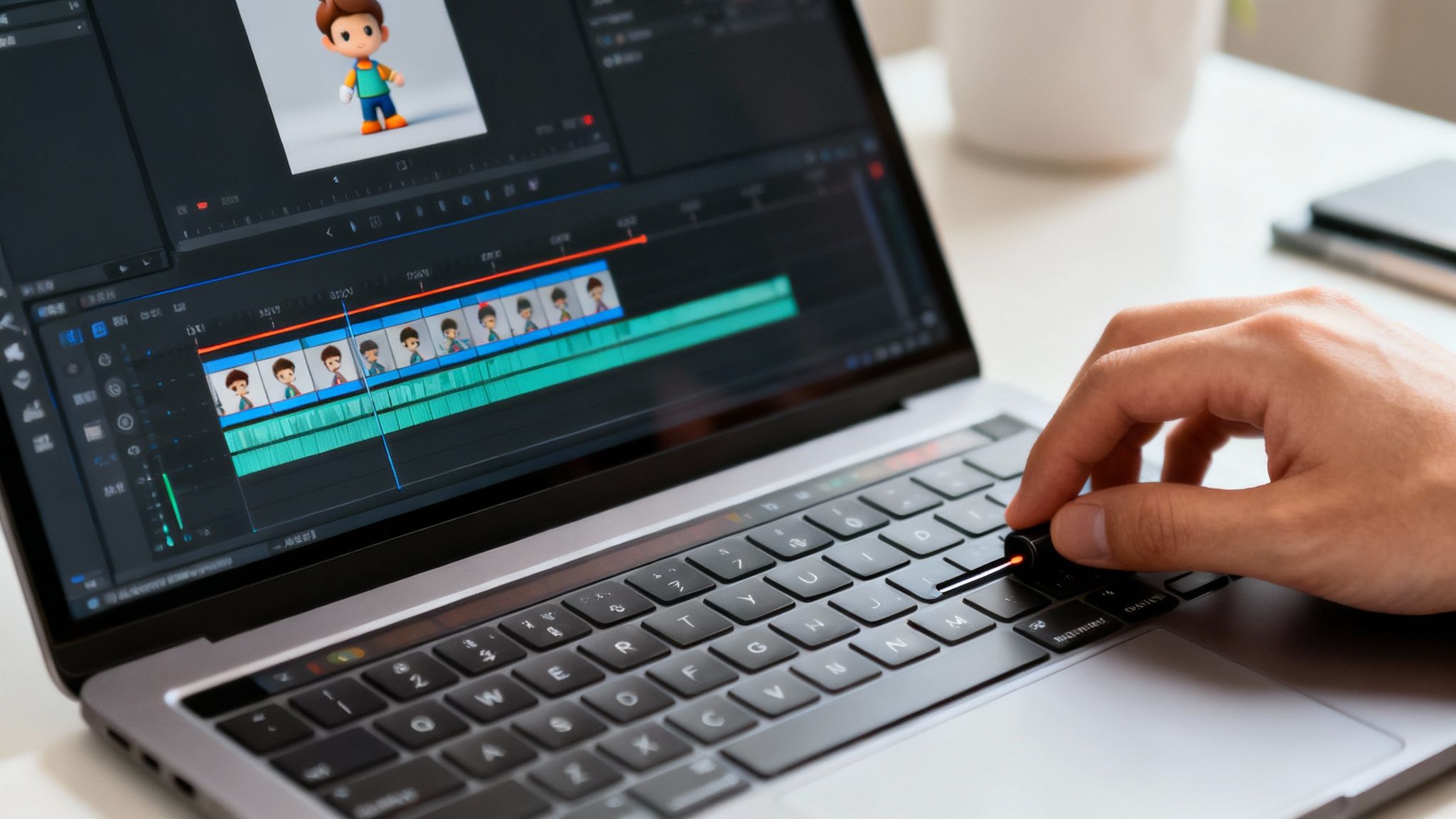 A character in an animated scene being moved with a cursor, showing the Wideo editor interface.