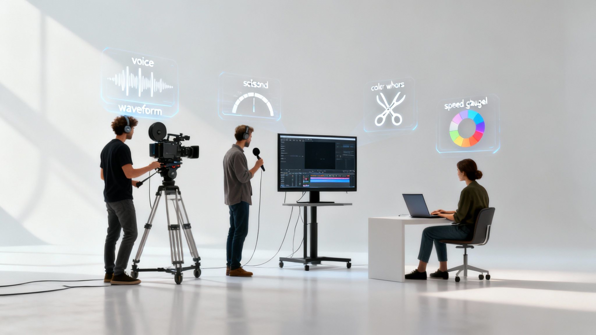 Three people collaborate in a studio, using AI-powered tools for video production and editing.