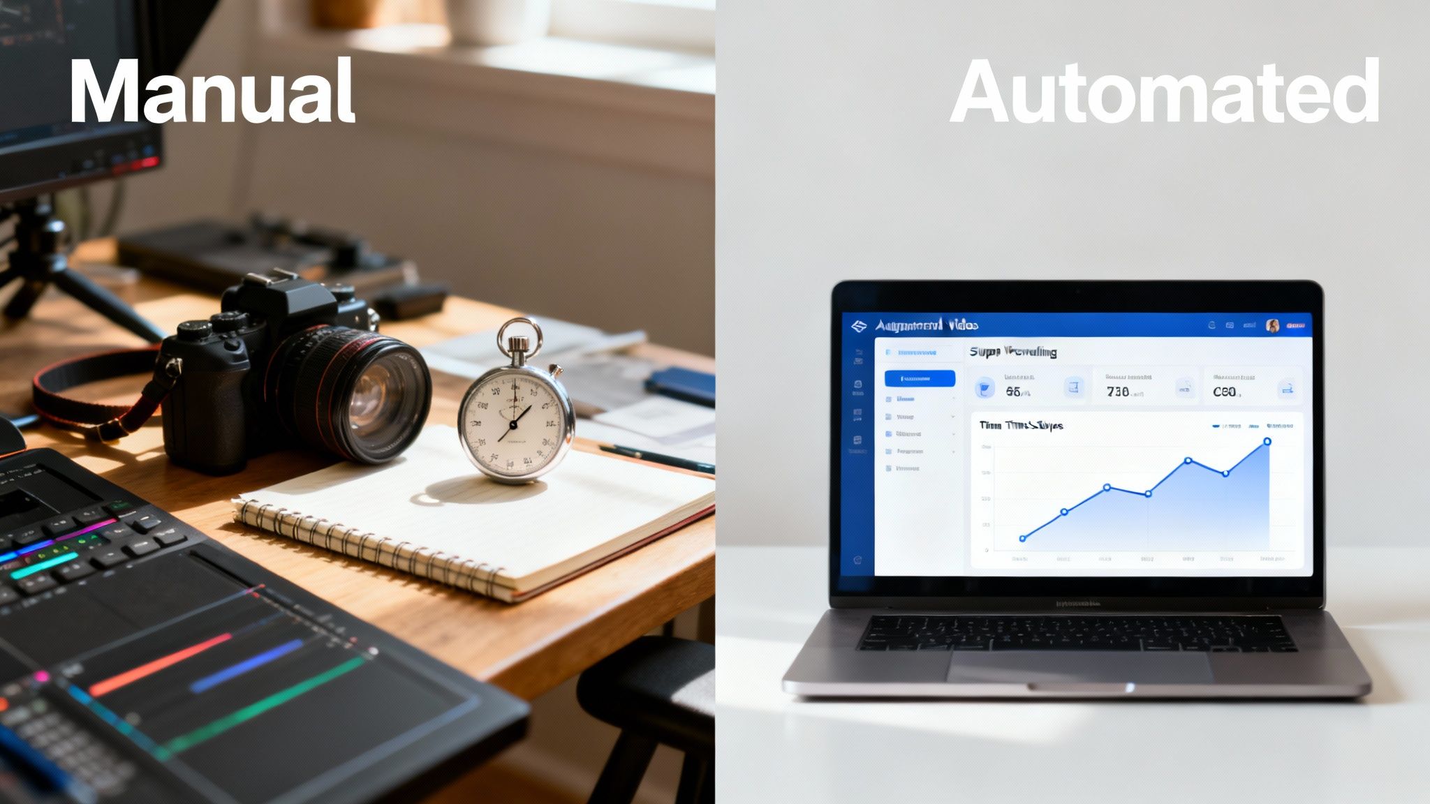 Comparing manual video creation with a camera and stopwatch to automated video creation on a laptop screen.