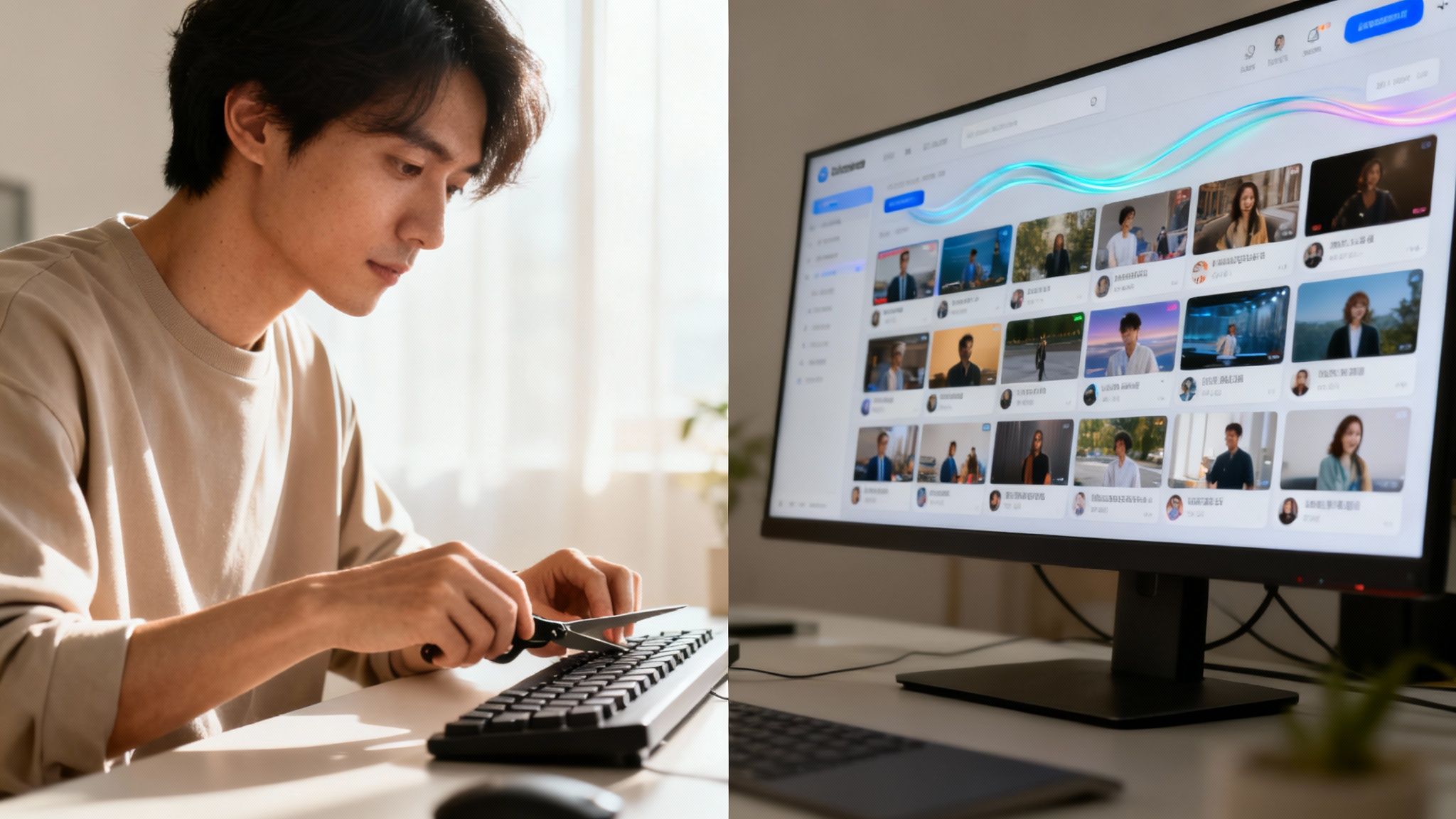 A man carefully uses small scissors on a black keyboard next to a monitor showing a grid of video calls.