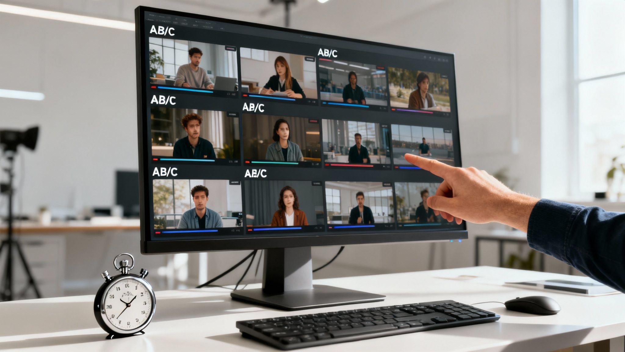 Person pointing at monitor displaying grid of video conference calls with multiple participants and AB/C labels