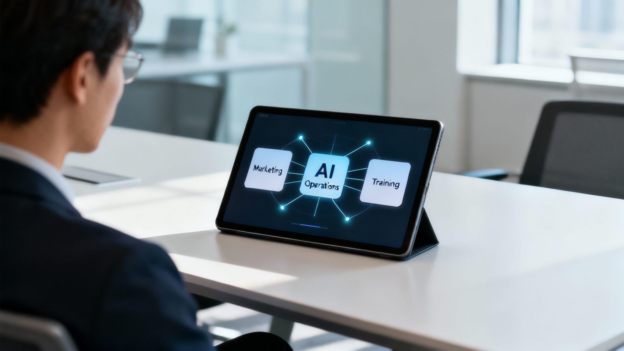 A person views a tablet showing AI's role in marketing, operations, and training in an office.