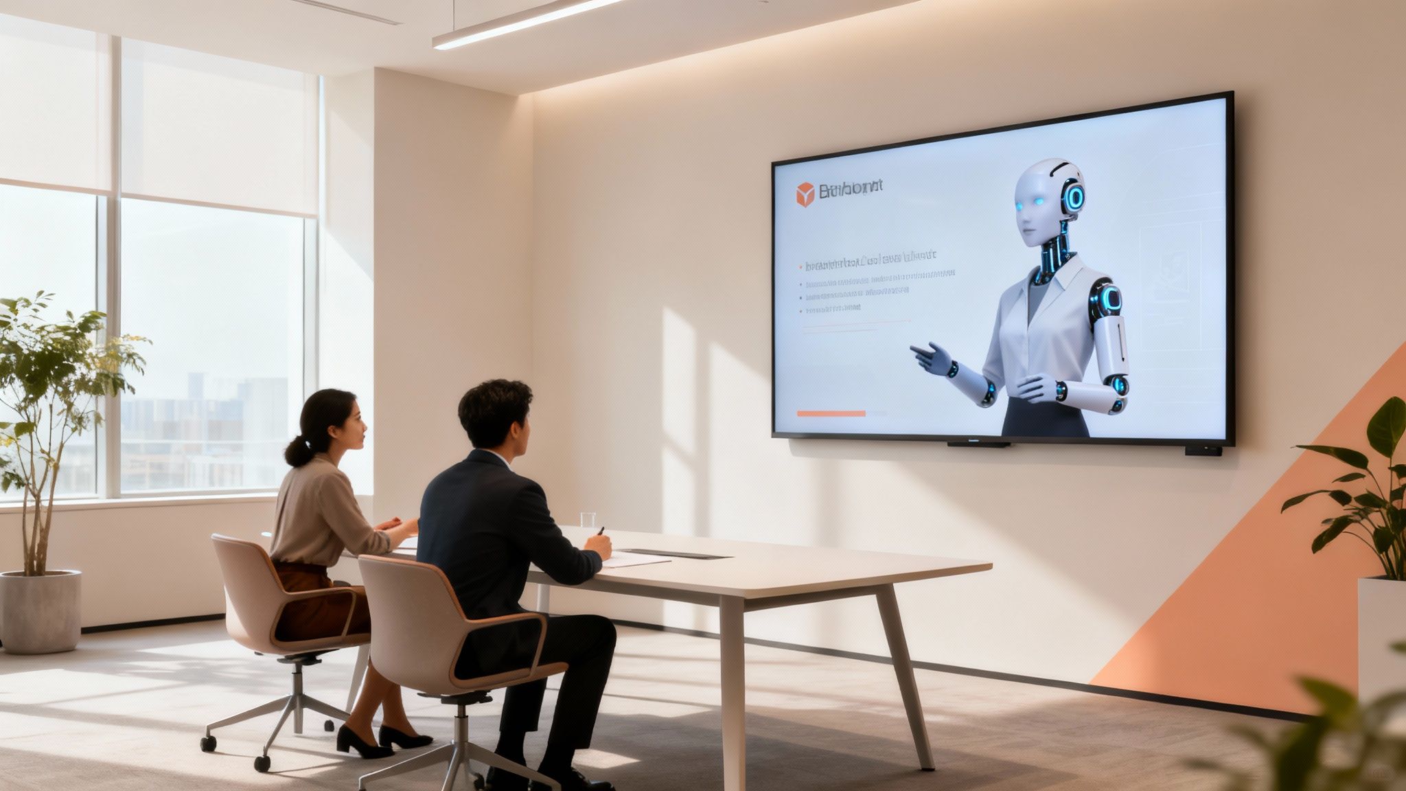 Two professionals watch an AI avatar presentation on a large screen in a modern office.