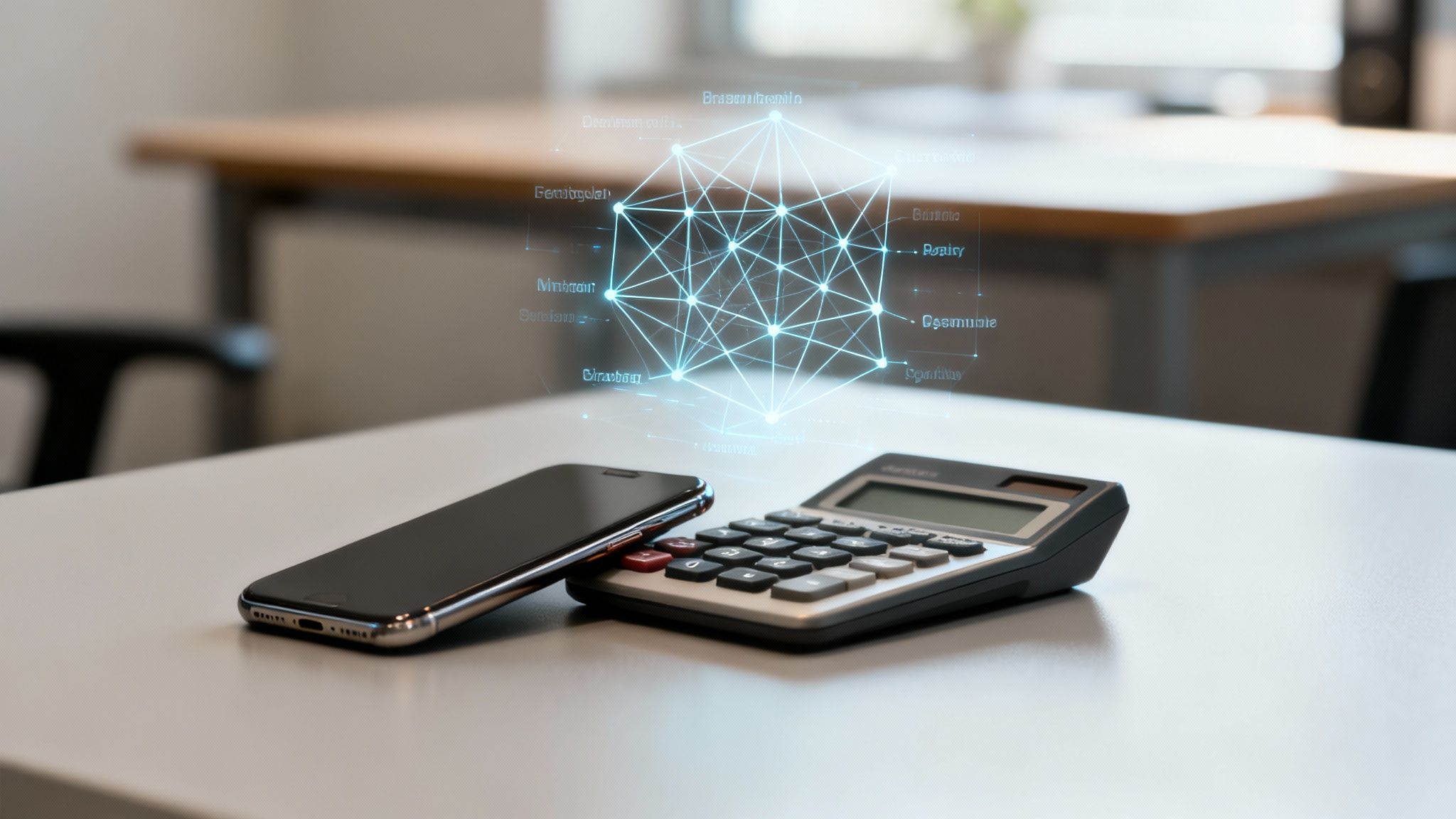 A smartphone, calculator, and glowing holographic data network projection on a desk in an office.