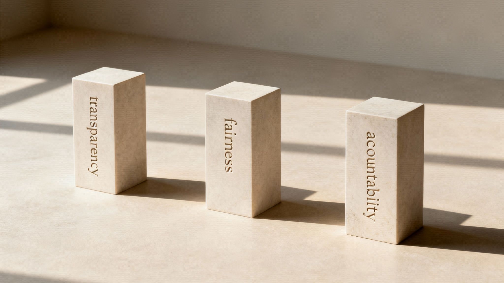 Three rectangular blocks display engraved words: 'transparency,' 'fairness,' and 'accountability' on a light surface.
