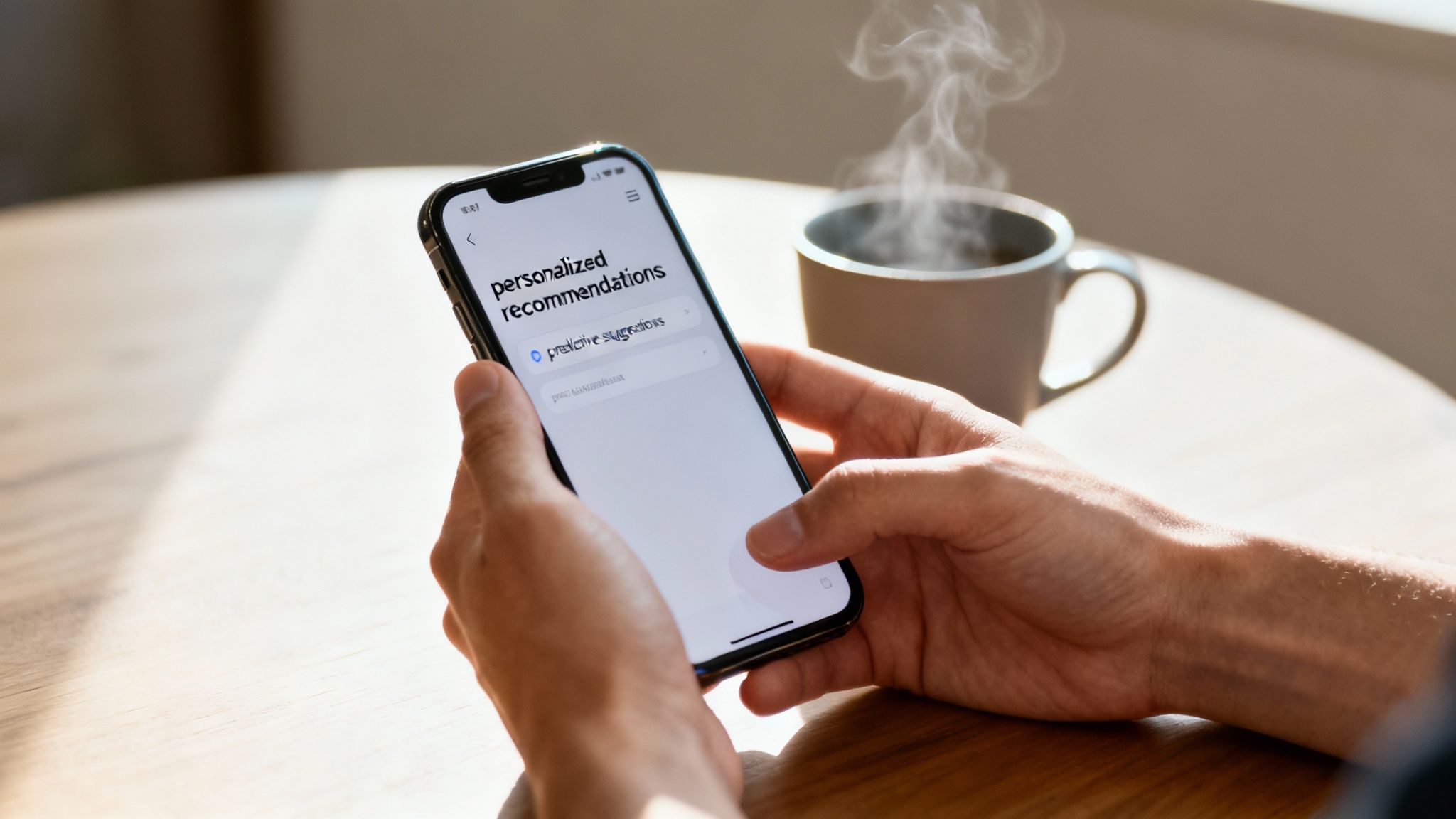 A person's hand touching a digital screen displaying personalized content and data visualizations.