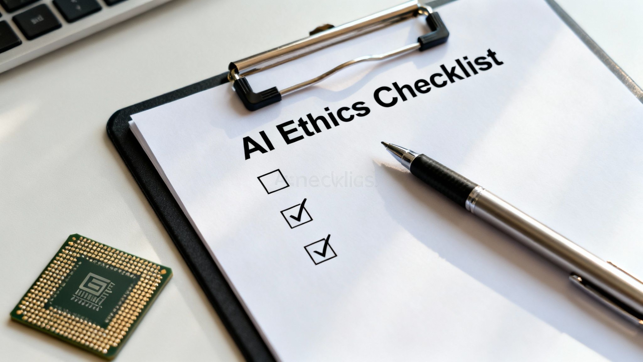 A clipboard with an 'AI Ethics Checklist' showing two checked boxes, next to a pen and computer chip.