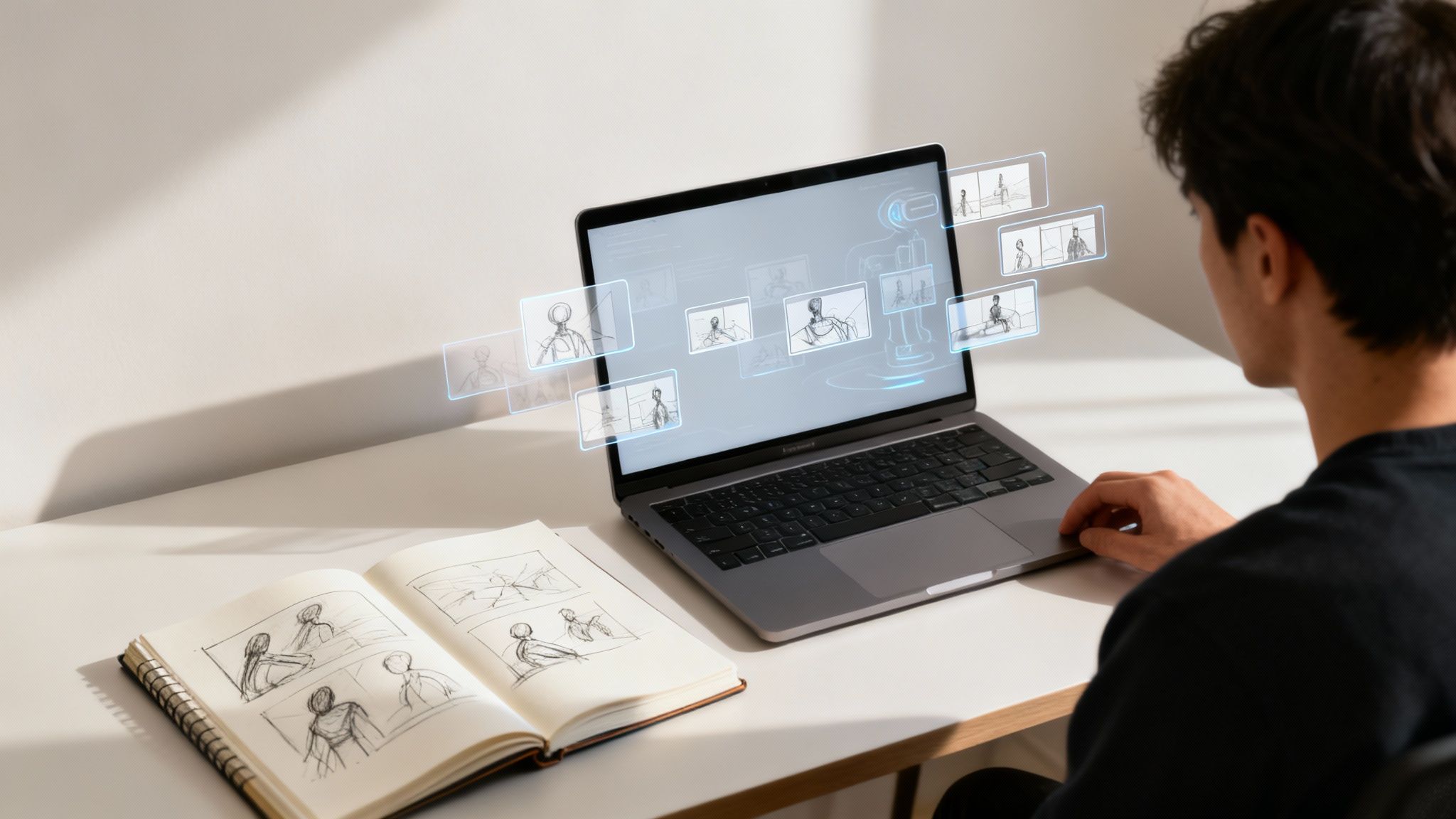 A futuristic, AI-generated image showing a creative process with glowing digital storyboards.