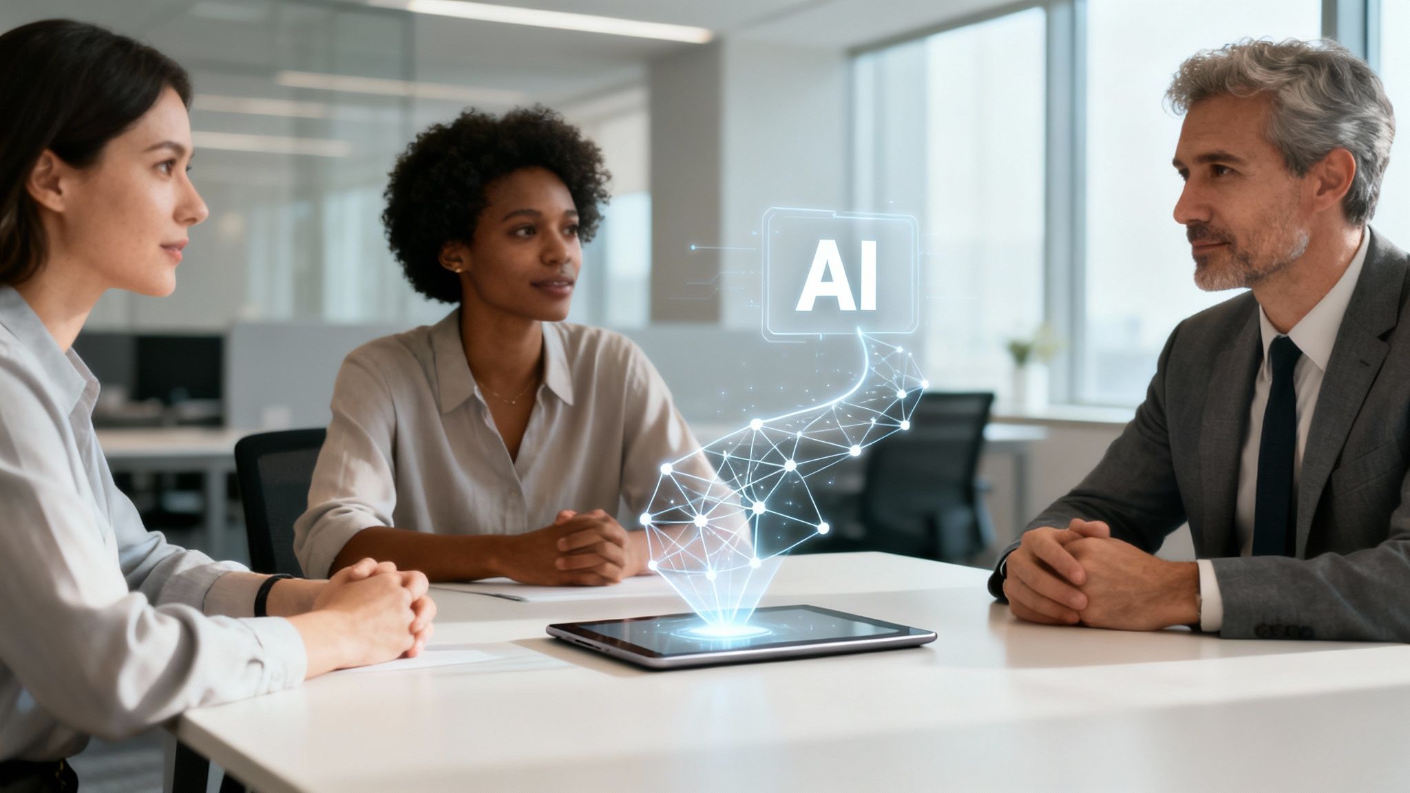 Three diverse business professionals discuss AI technology during a modern office meeting, looking at a holographic projection from a tablet.