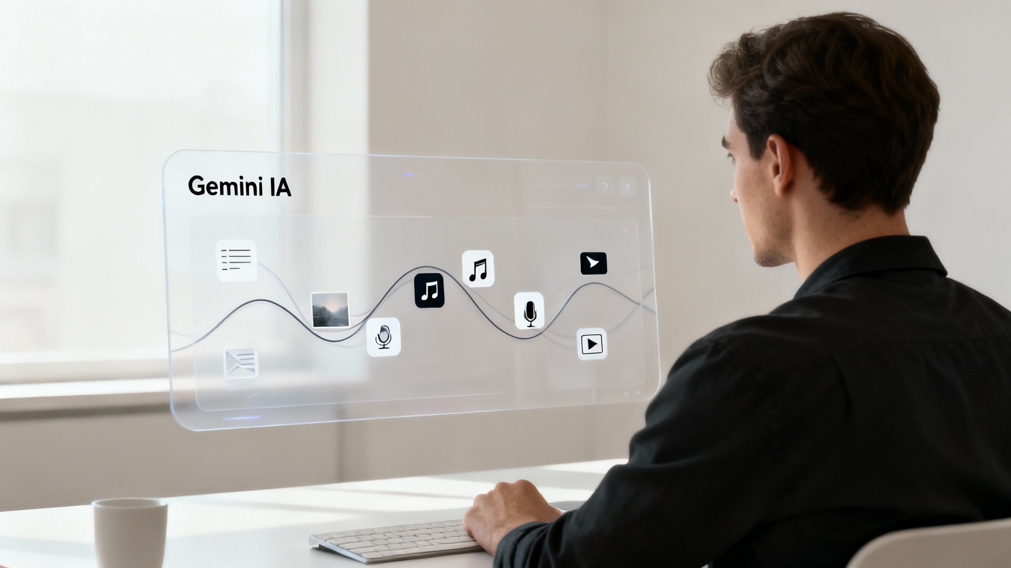 Man interacting with a translucent screen displaying Gemini IA and various media application icons.