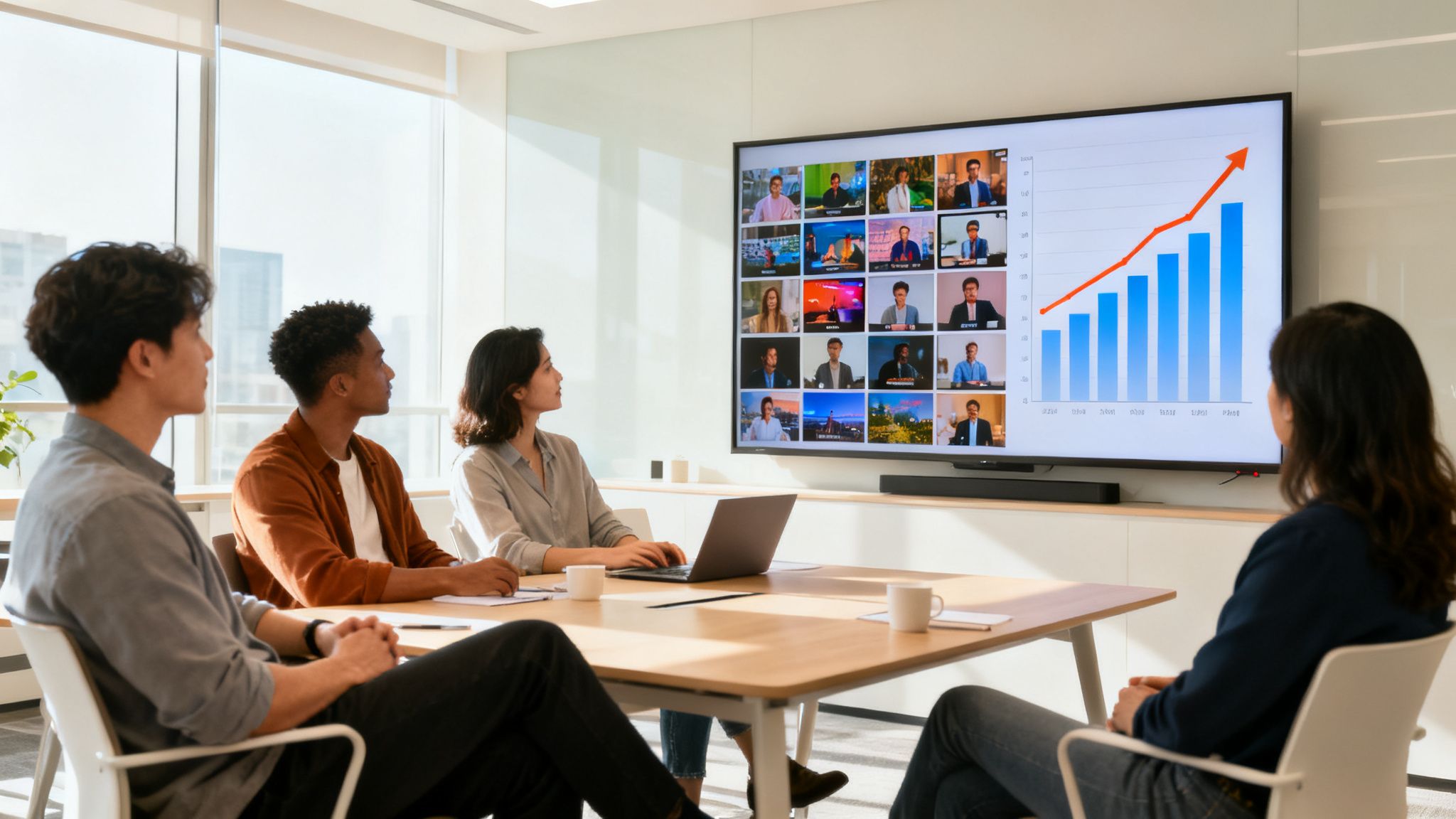Diverse team in a bright meeting room watching a video conference and a rising graph.