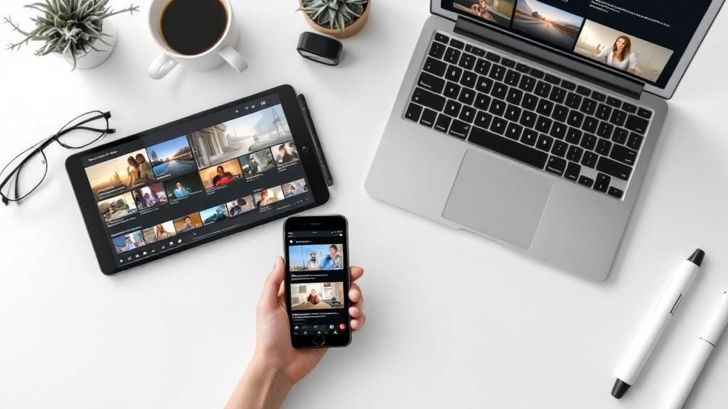 A person working on a laptop with a complex chart of connected social media icons, symbolizing a distribution strategy.
