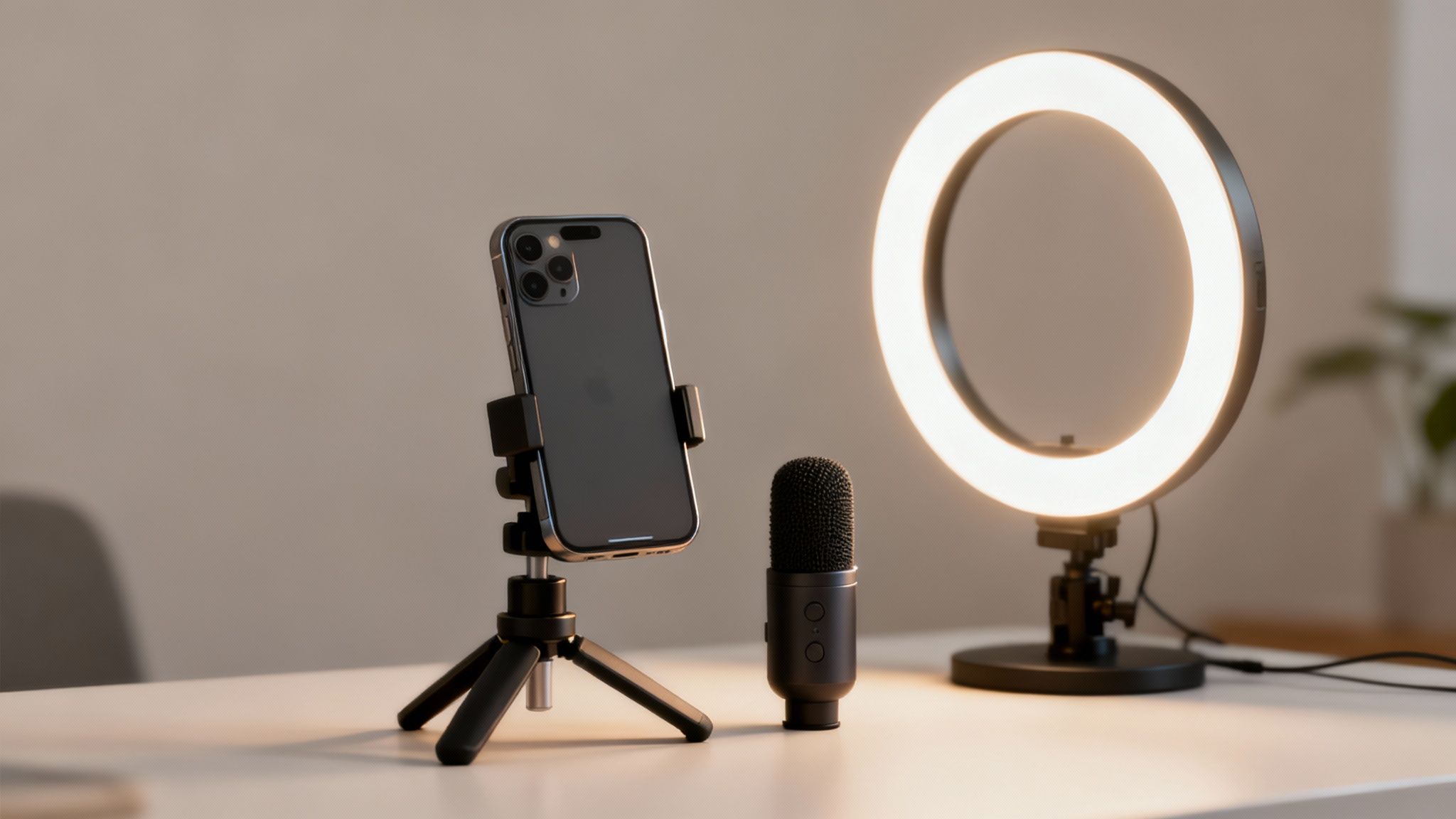 A small business owner using a simple setup with a smartphone on a tripod and good lighting to create an authentic video.