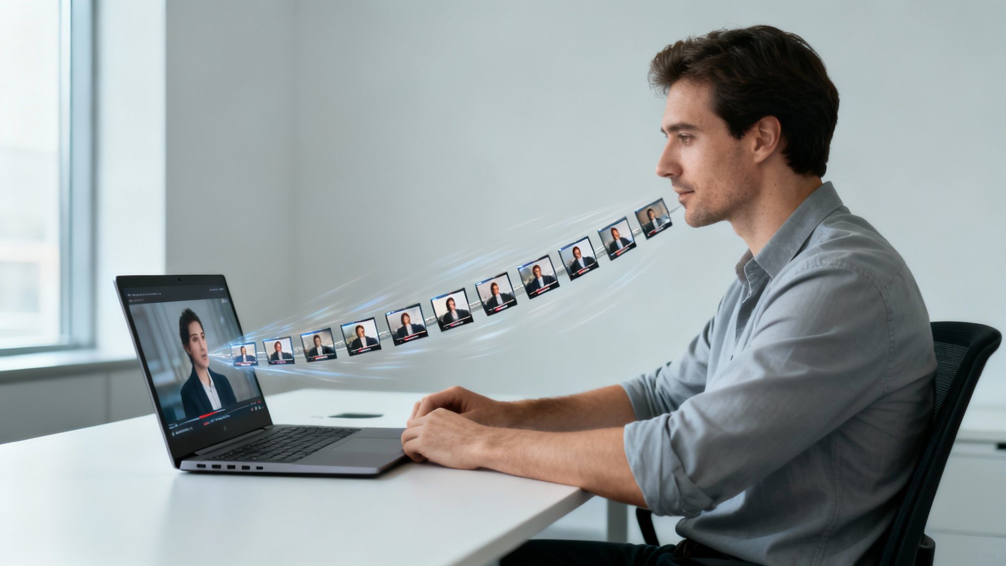 Man engaged with laptop showing a video call, virtual attendees streaming towards his face.