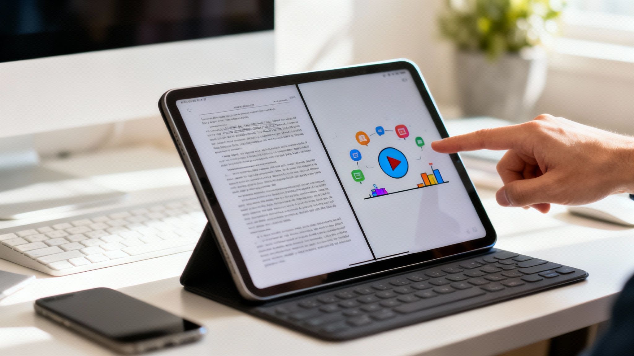 A hand taps a tablet displaying data visualizations and a document on a white desk.