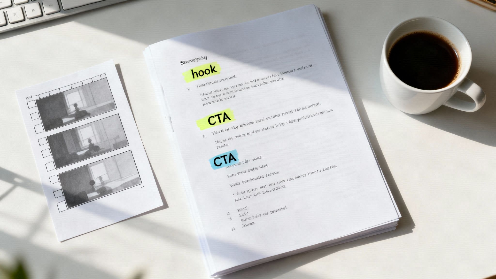 A person writing a video script in a notebook surrounded by storyboards.