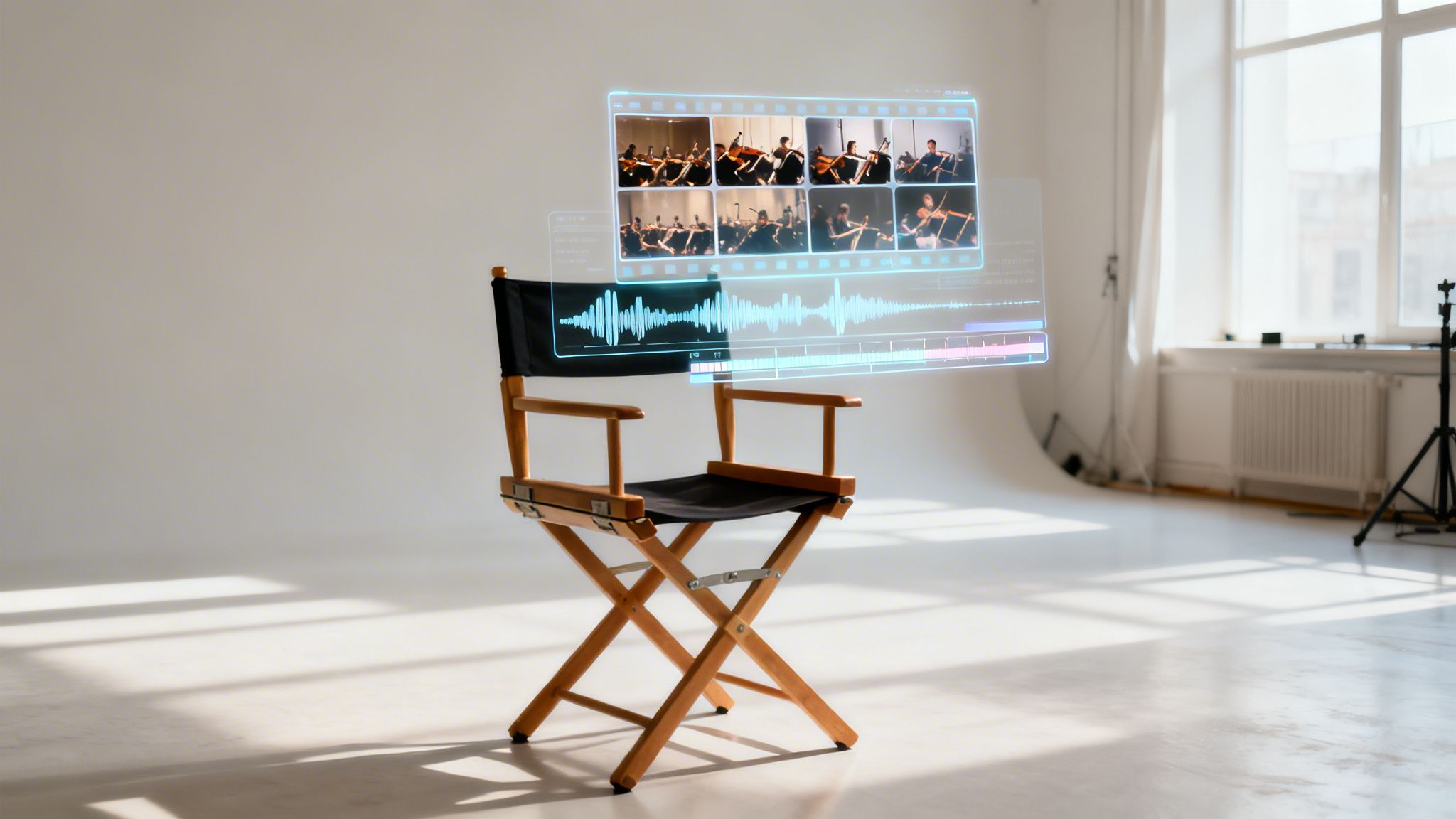 A director's chair in a bright studio with a holographic display showing orchestra videos and audio waveforms.