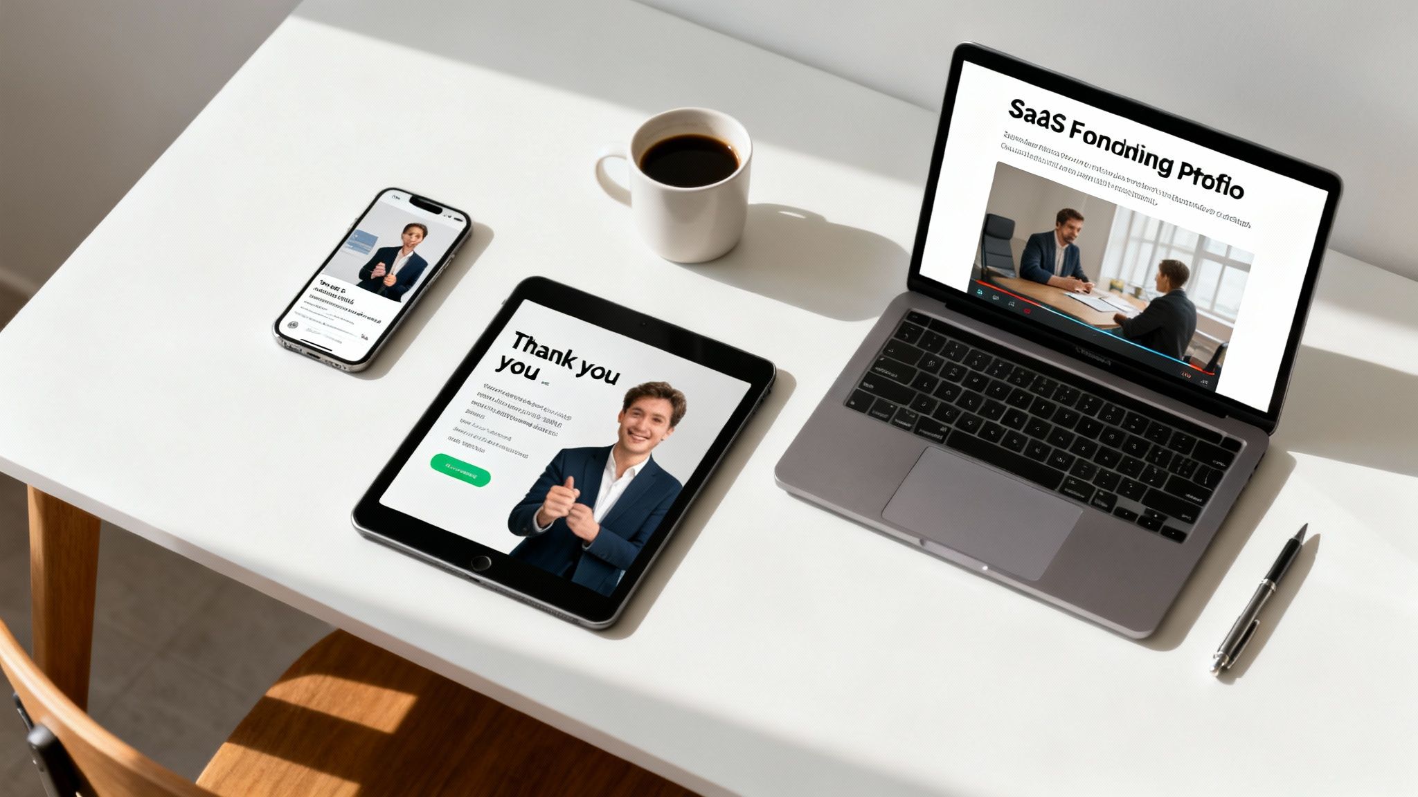 A modern workspace features a laptop, tablet, and smartphone on a white desk, displaying business content.