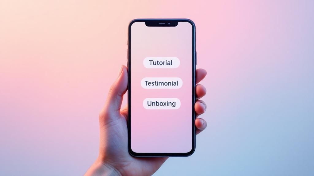 A close-up shot of a smartphone displaying a product video, held by a person shopping online.