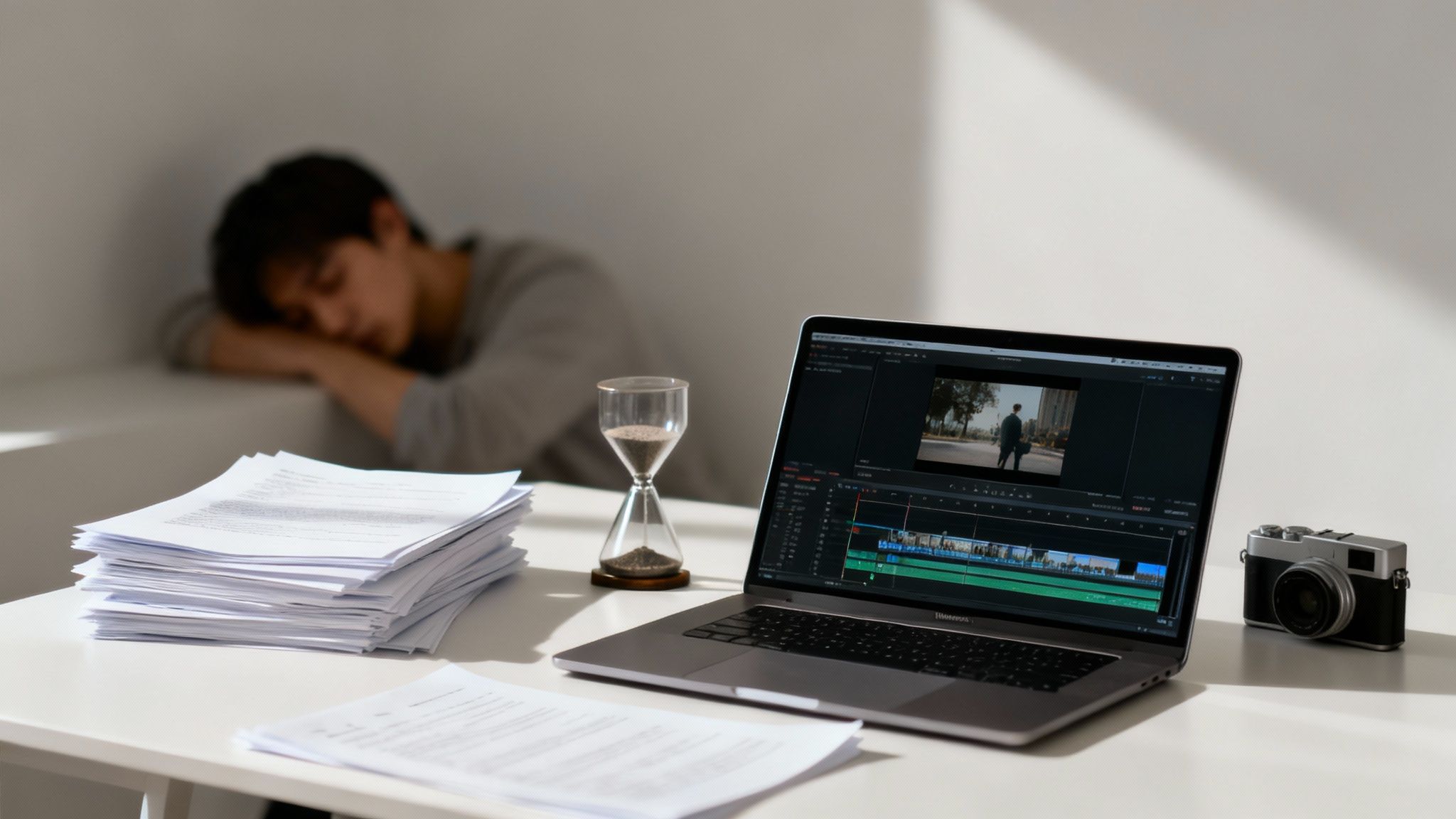 An exhausted person sleeps behind a desk with a laptop displaying video editing software, papers, an hourglass, and a camera.