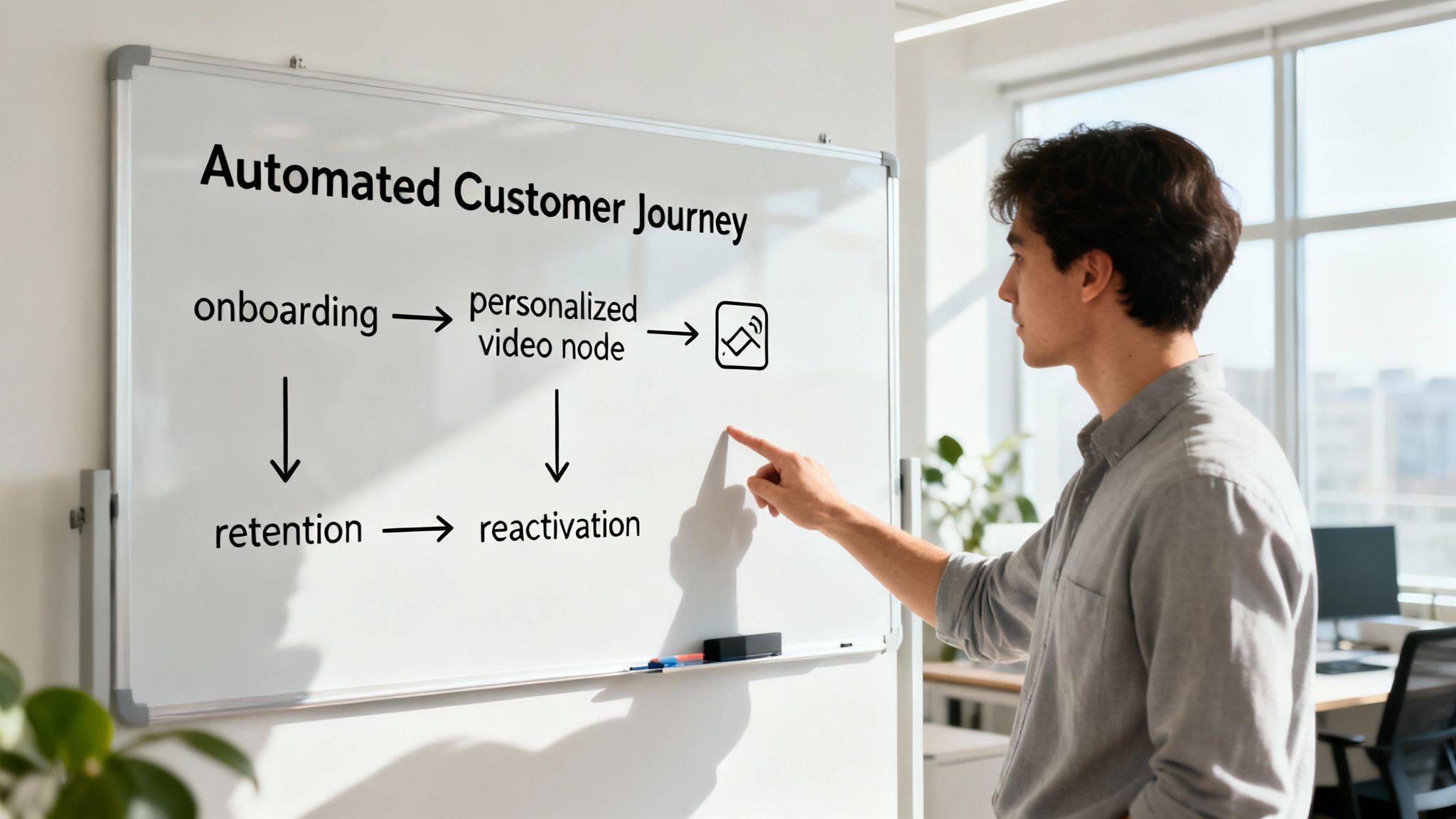 Business professional presenting automated customer journey workflow diagram on whiteboard in modern office