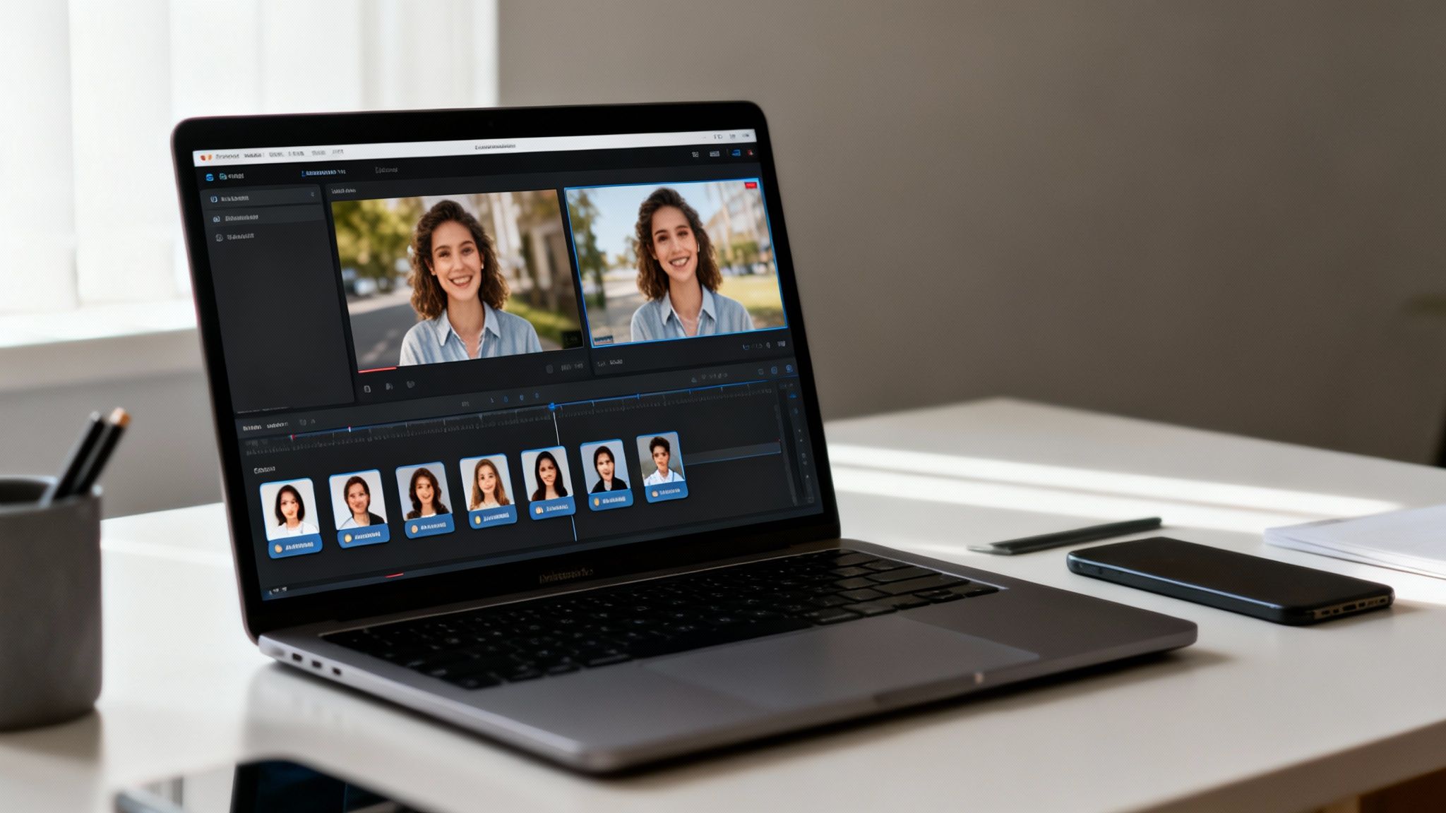A laptop on a desk displaying an AI video editing platform with smiling faces and profile pictures.
