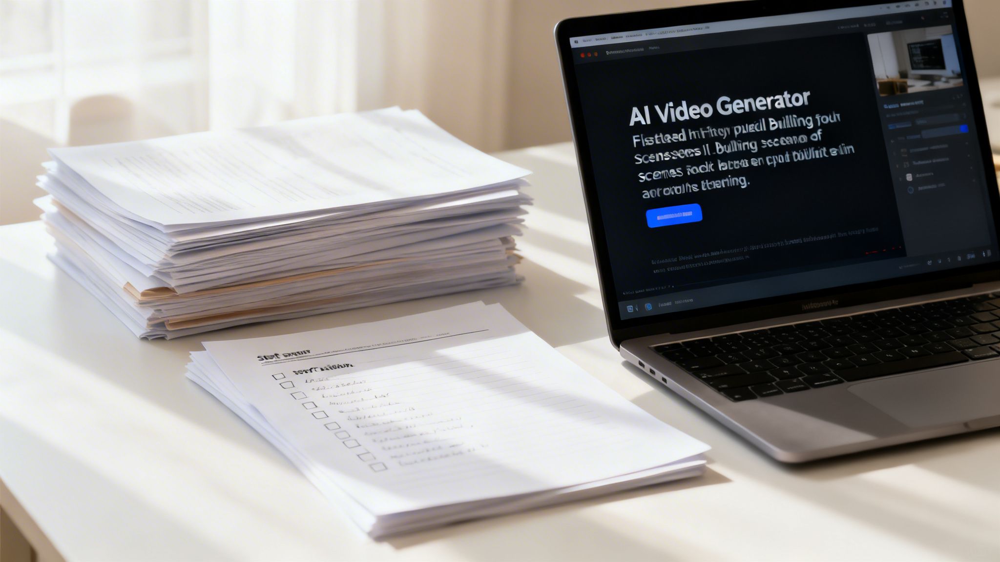 A laptop showing an AI video generator software on its screen, placed on a desk with stacks of paper.