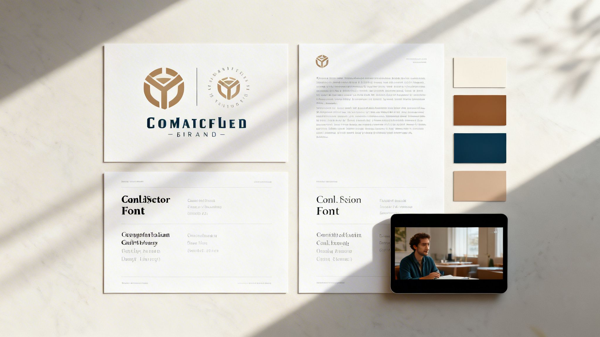 A flat lay of a comprehensive brand identity kit with logo, fonts, colors, and a tablet.