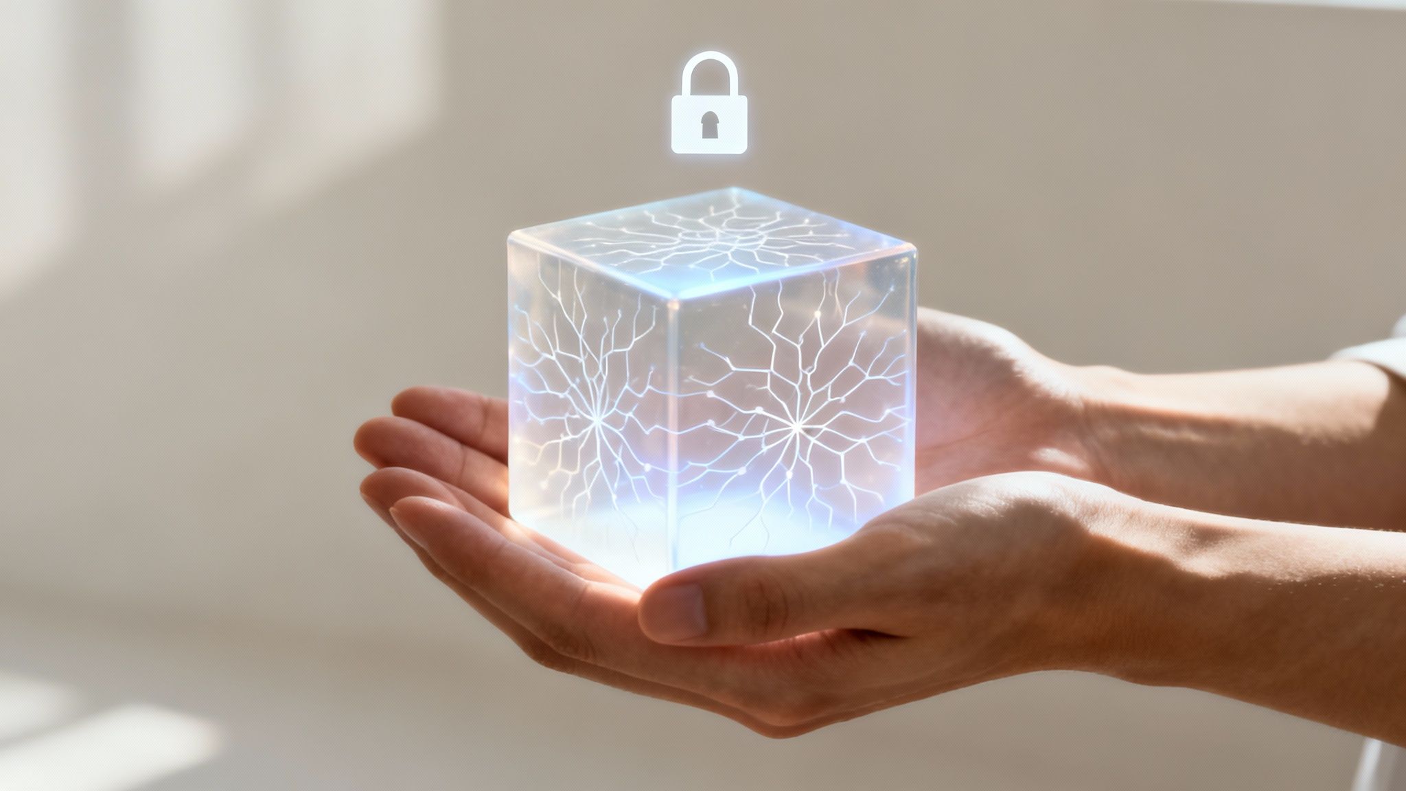 Hands gently holding a glowing transparent cube with intricate circuit patterns and a floating padlock icon, symbolizing data security.