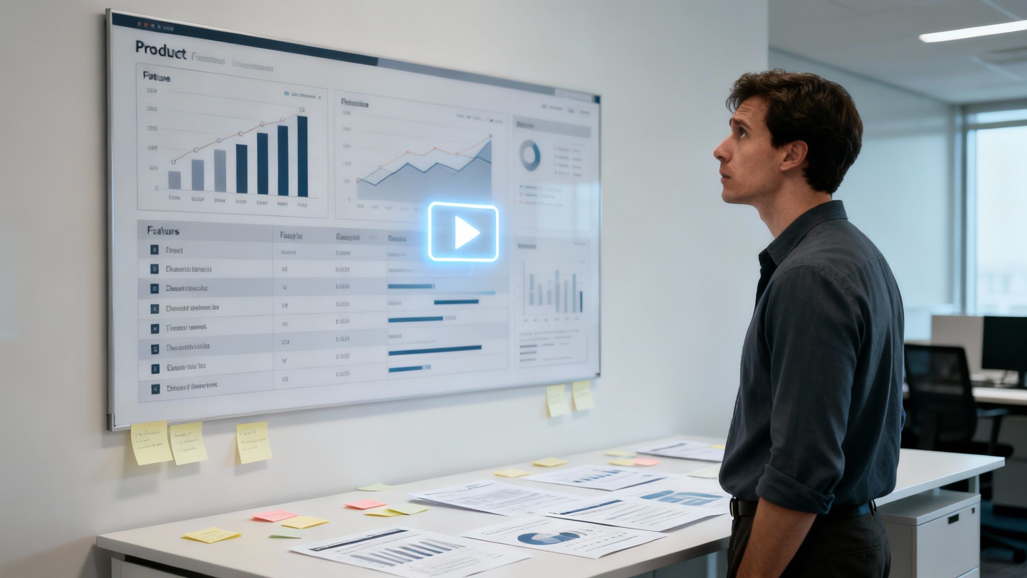 Man studies a large digital display with charts, graphs, and a glowing play button in a modern office.