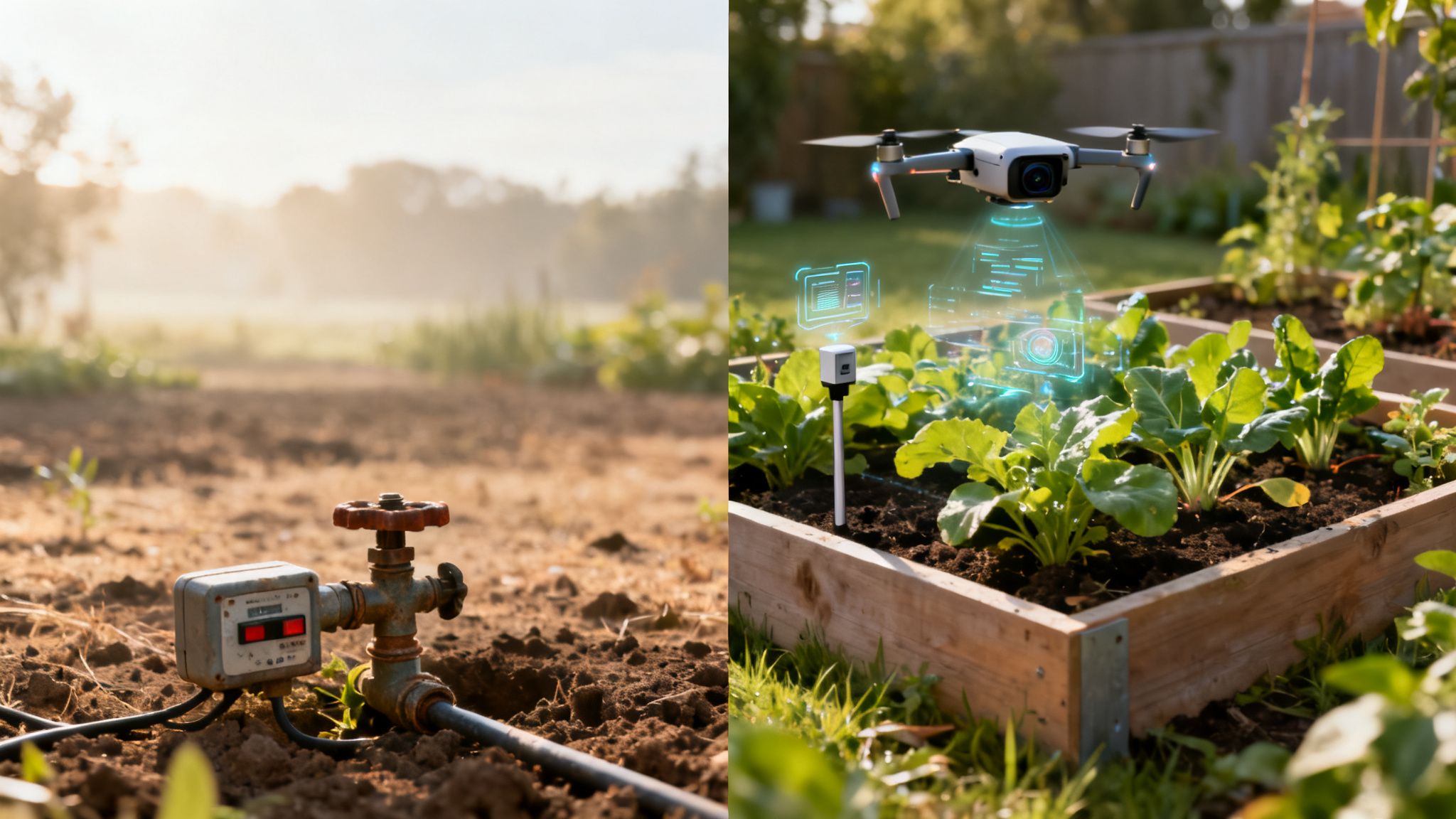 Smart farming comparison: drone monitoring a garden with sensors vs. traditional drip irrigation in a field.