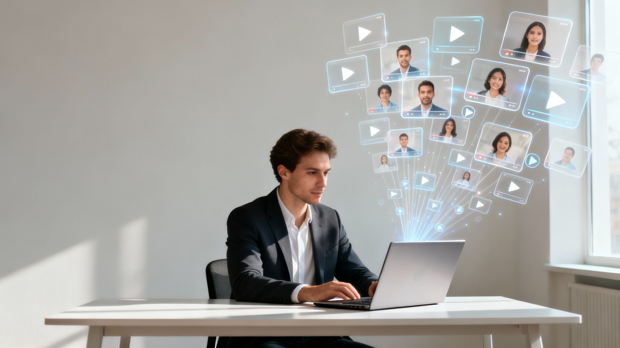 Professional man using laptop connected to a network of virtual video calls and content.