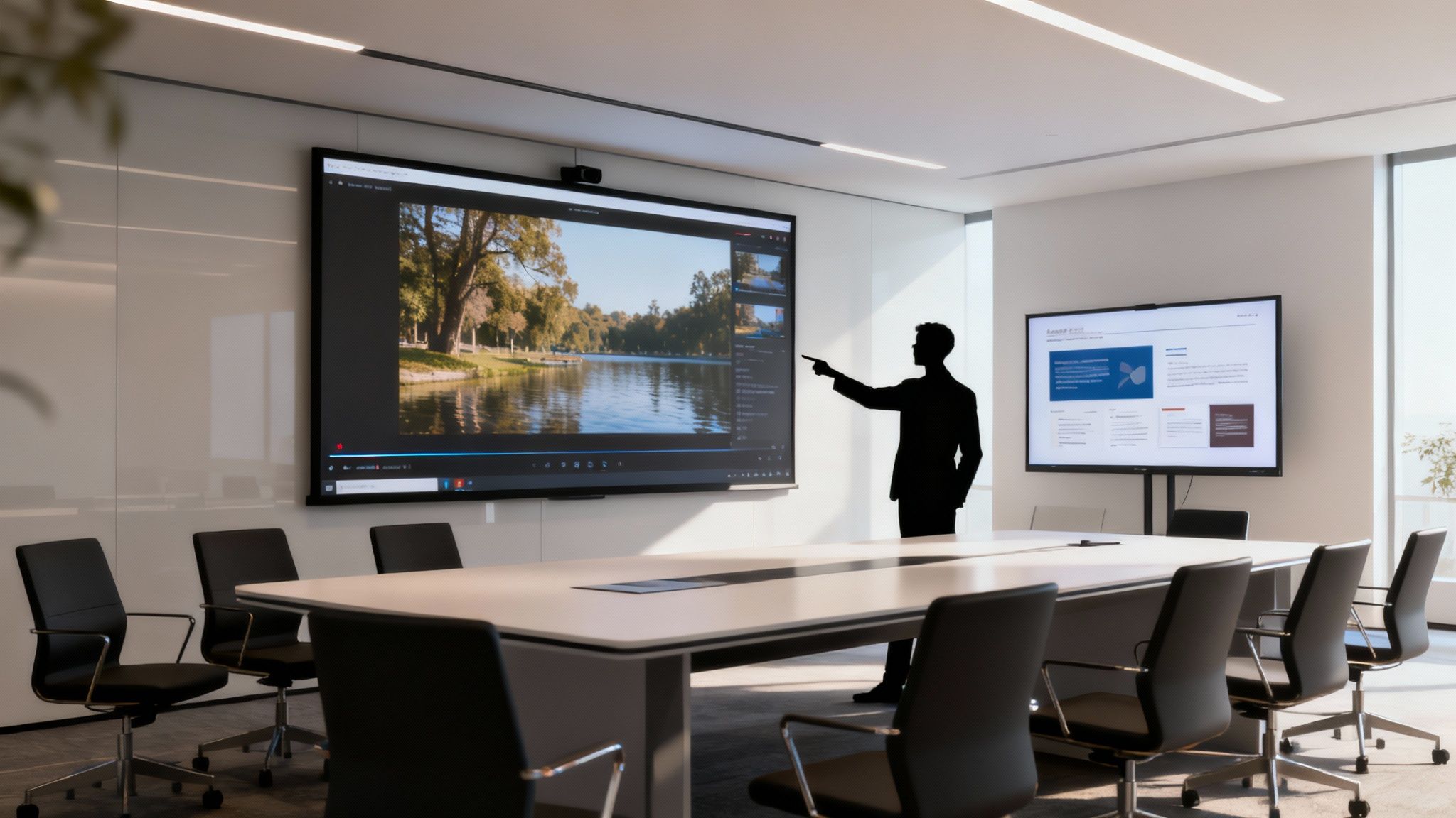 A person pointing at a screen during a video presentation meeting.