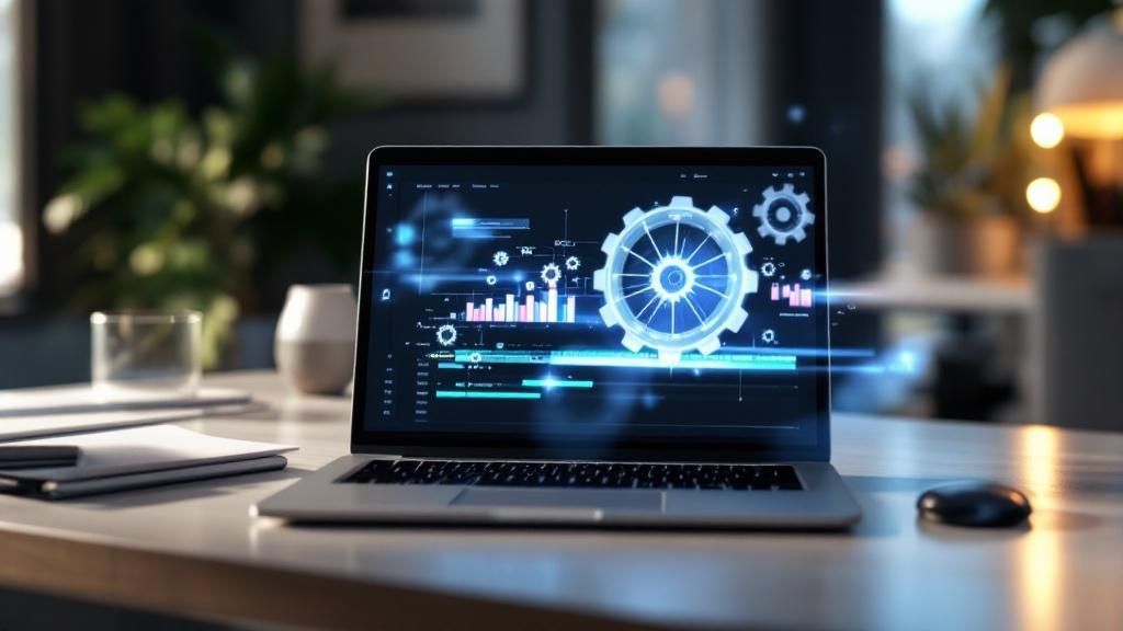 A group of business professionals collaborating around a screen displaying video analytics.